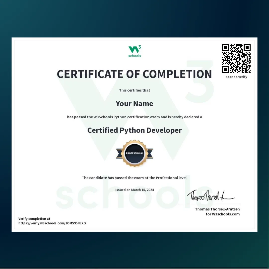 W3Schools - W3Schools Certification Exam certificate