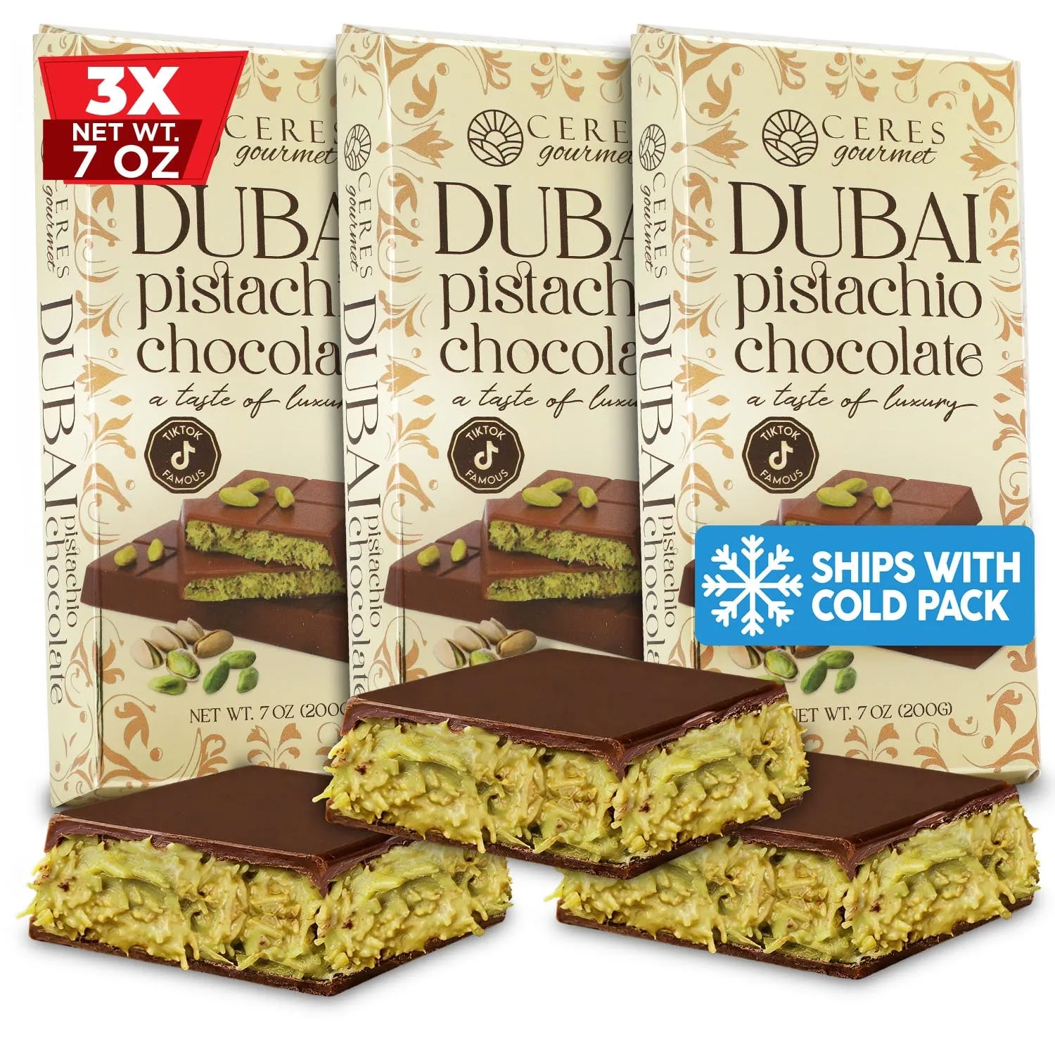 Ceres Gourmet - JUMBO Viral Dubai Pistachio Milk Chocolate Bar, 3 Pack