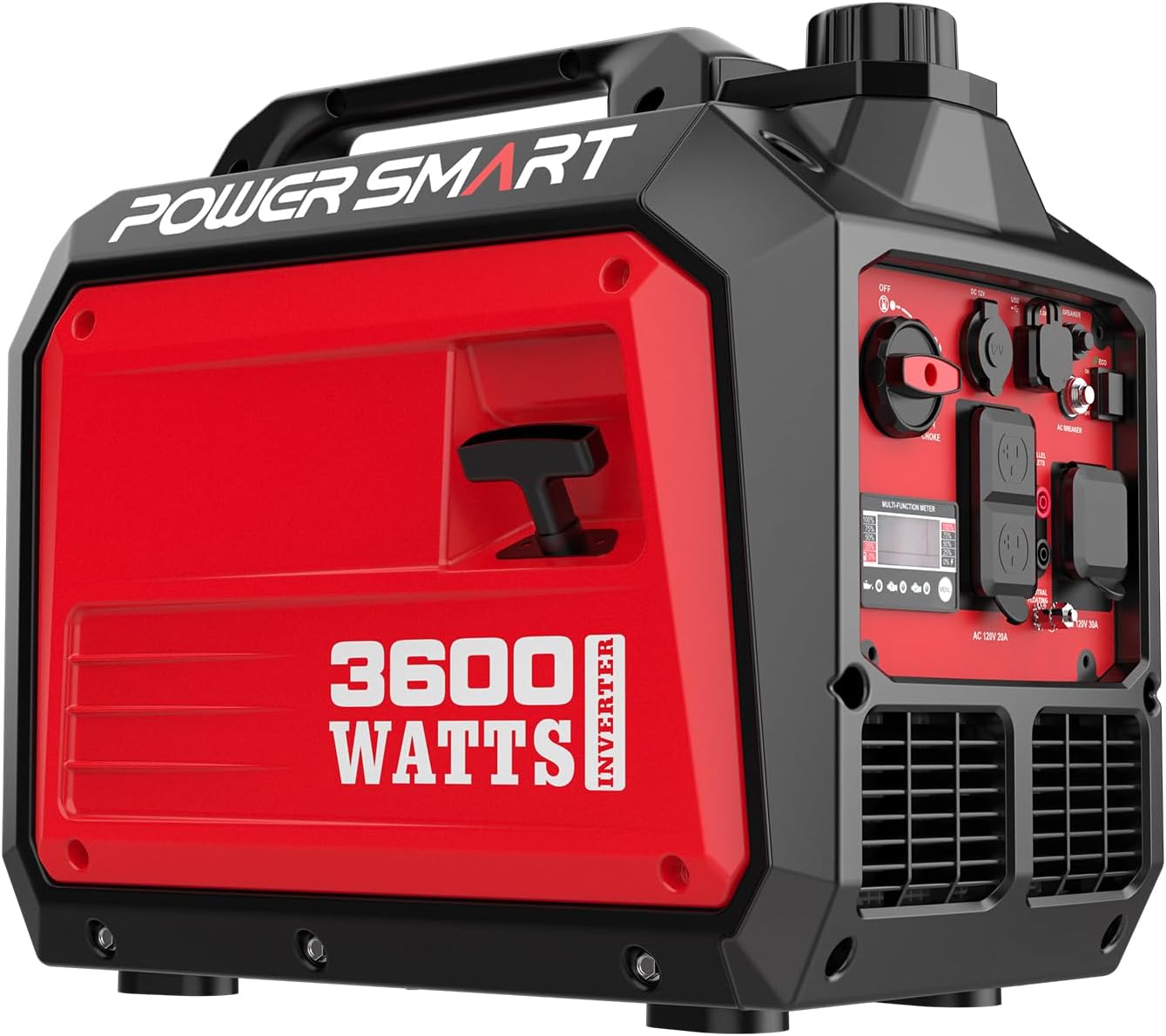 Red PowerSmart enclosed inverter generator with a sealed quiet cabinet on a white background