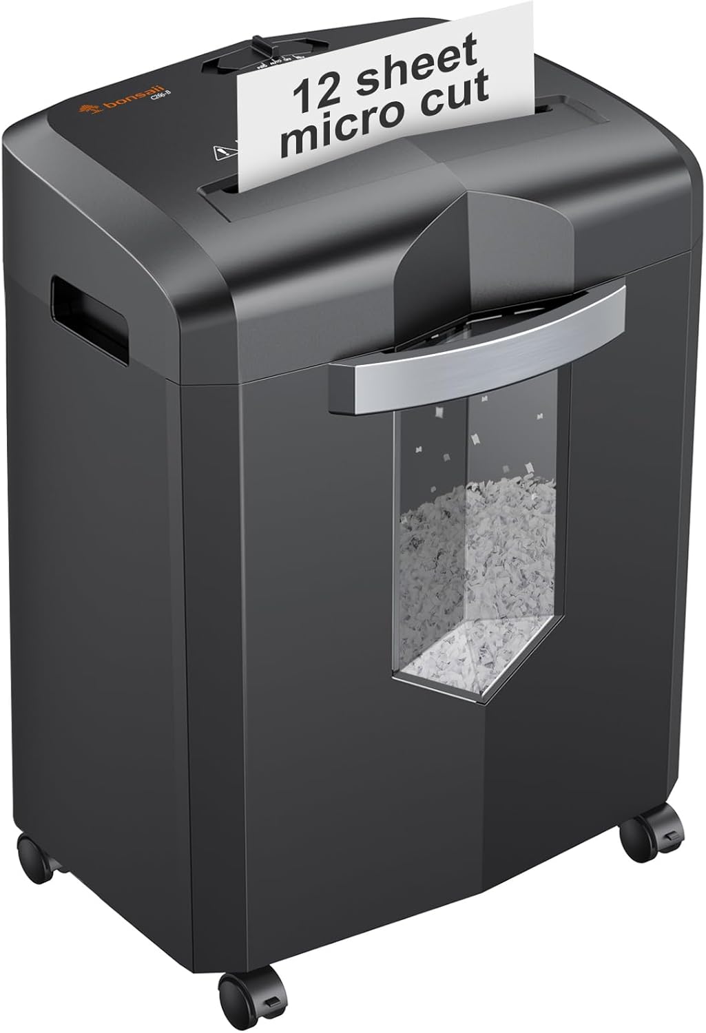 Bonsaii 12-sheet micro-cut paper shredder with a jam-proof system and transparent waste bin