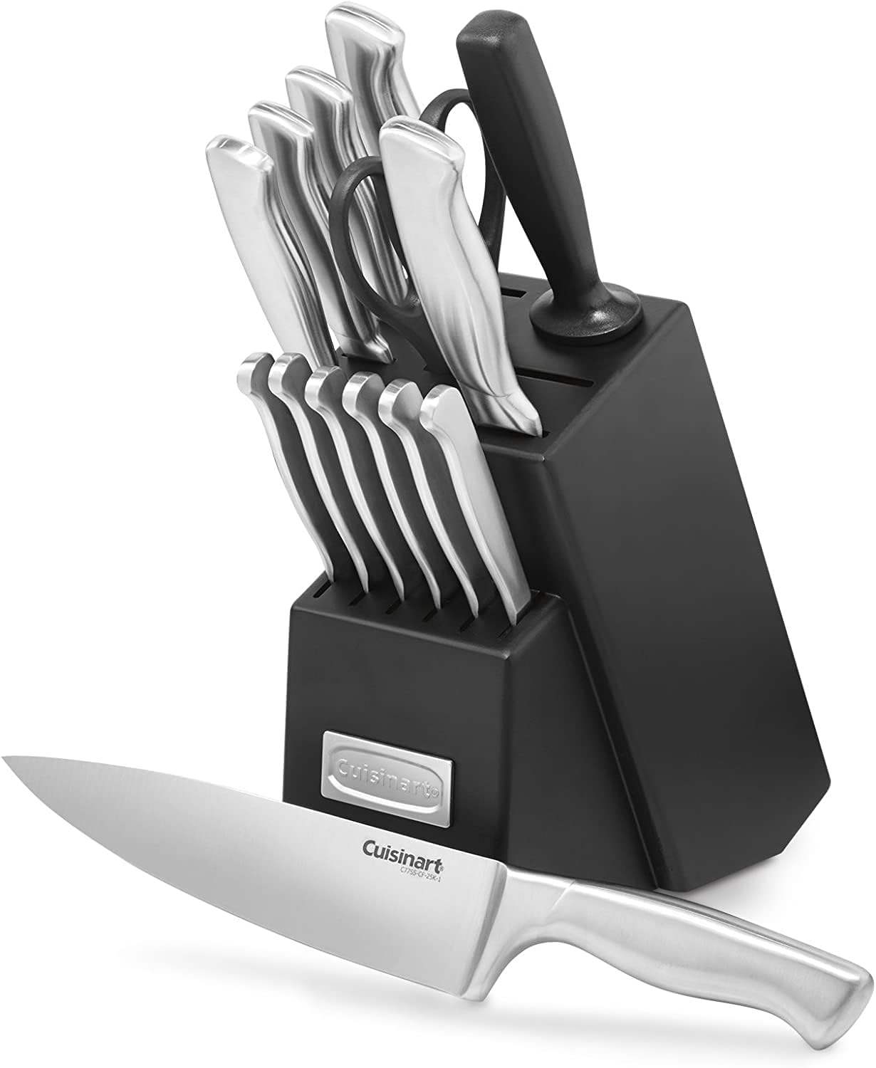 Cuisinart stainless steel knife set in a black storage block with a chef knife showing the hollow metal handle