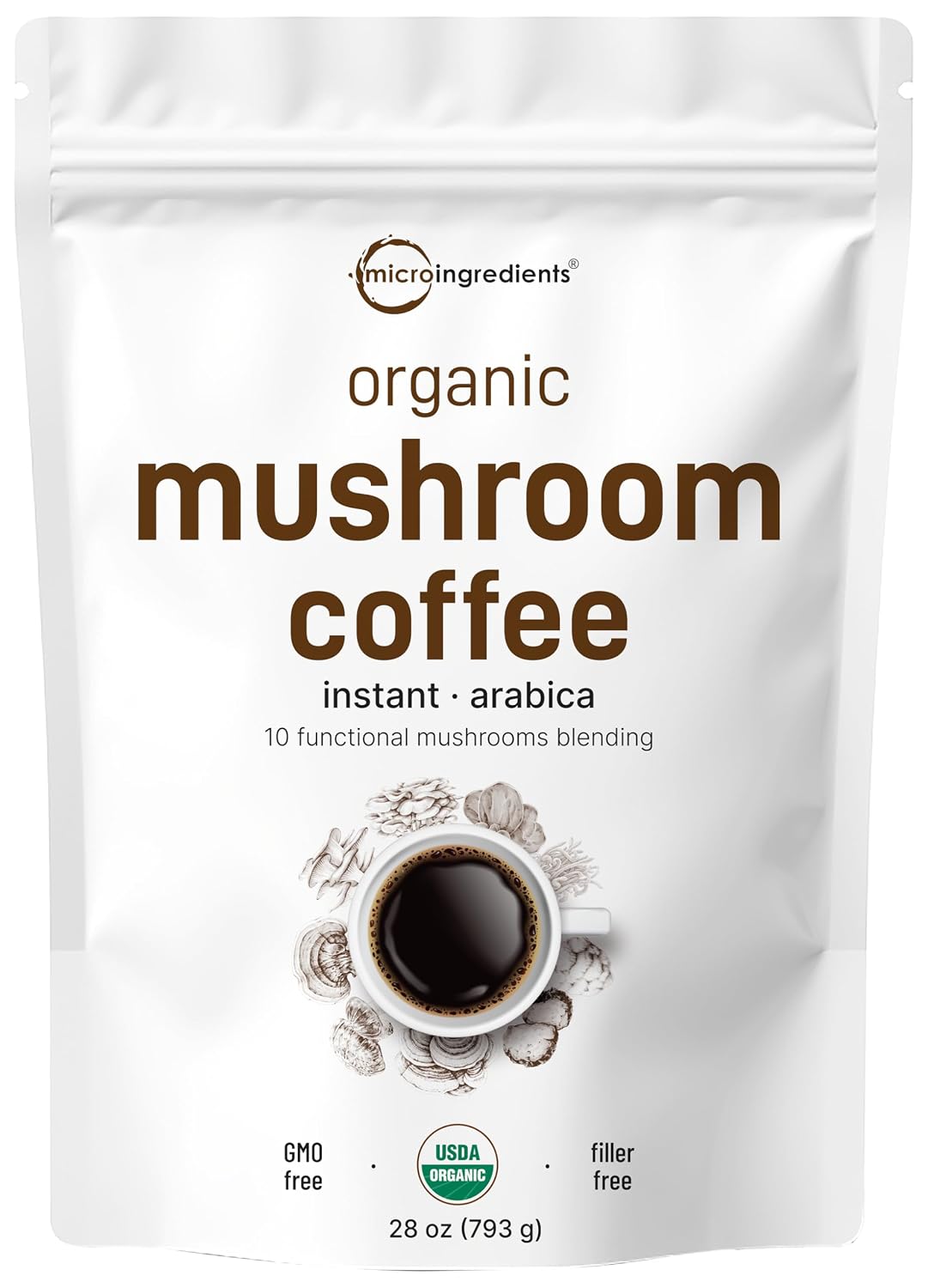 A resealable bag of Micro Ingredients Organic 10-in-1 instant mushroom coffee with Arabica