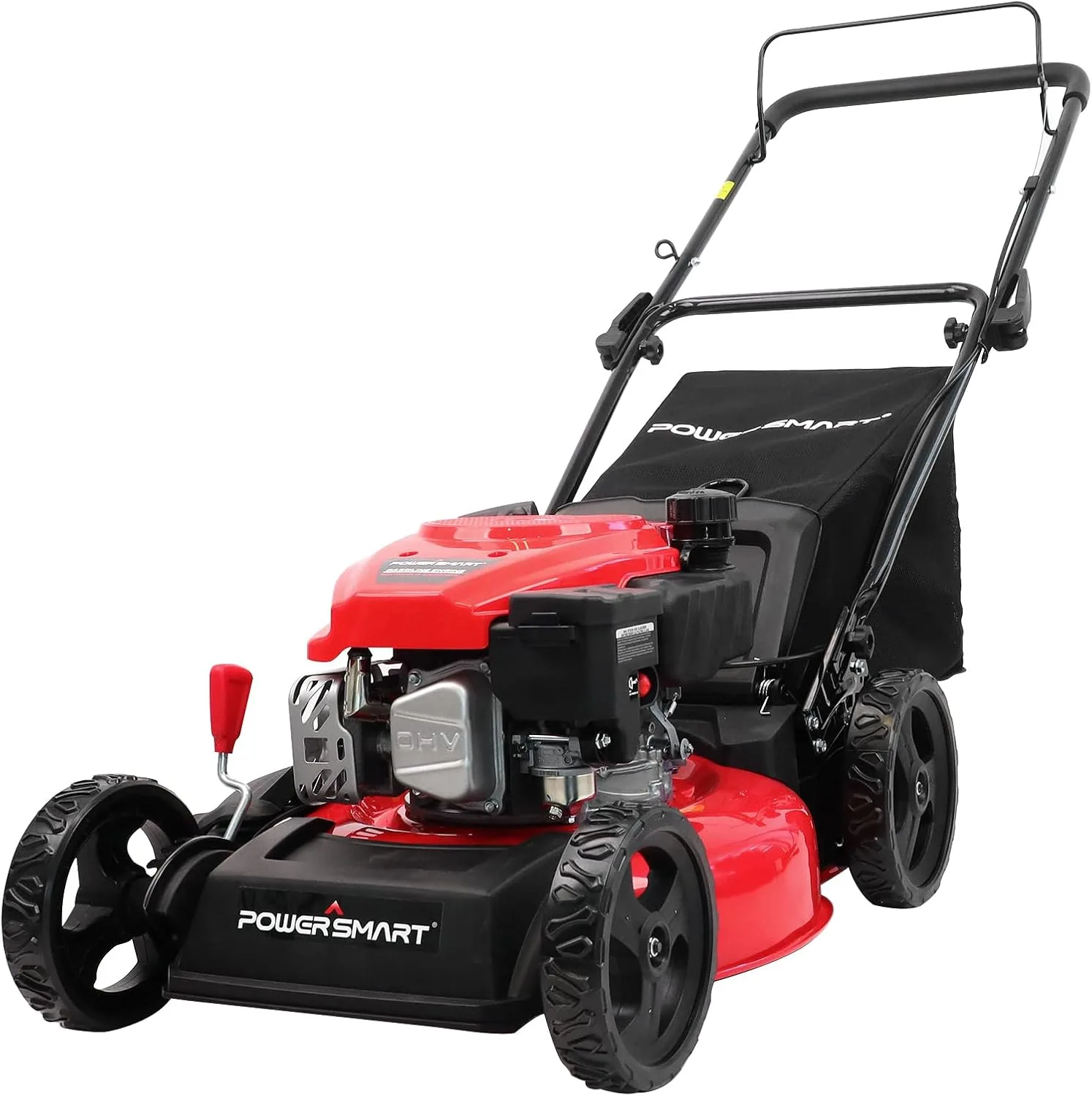 PowerSmart red 18-inch gas push lawn mower with a rear collection bag on a white background