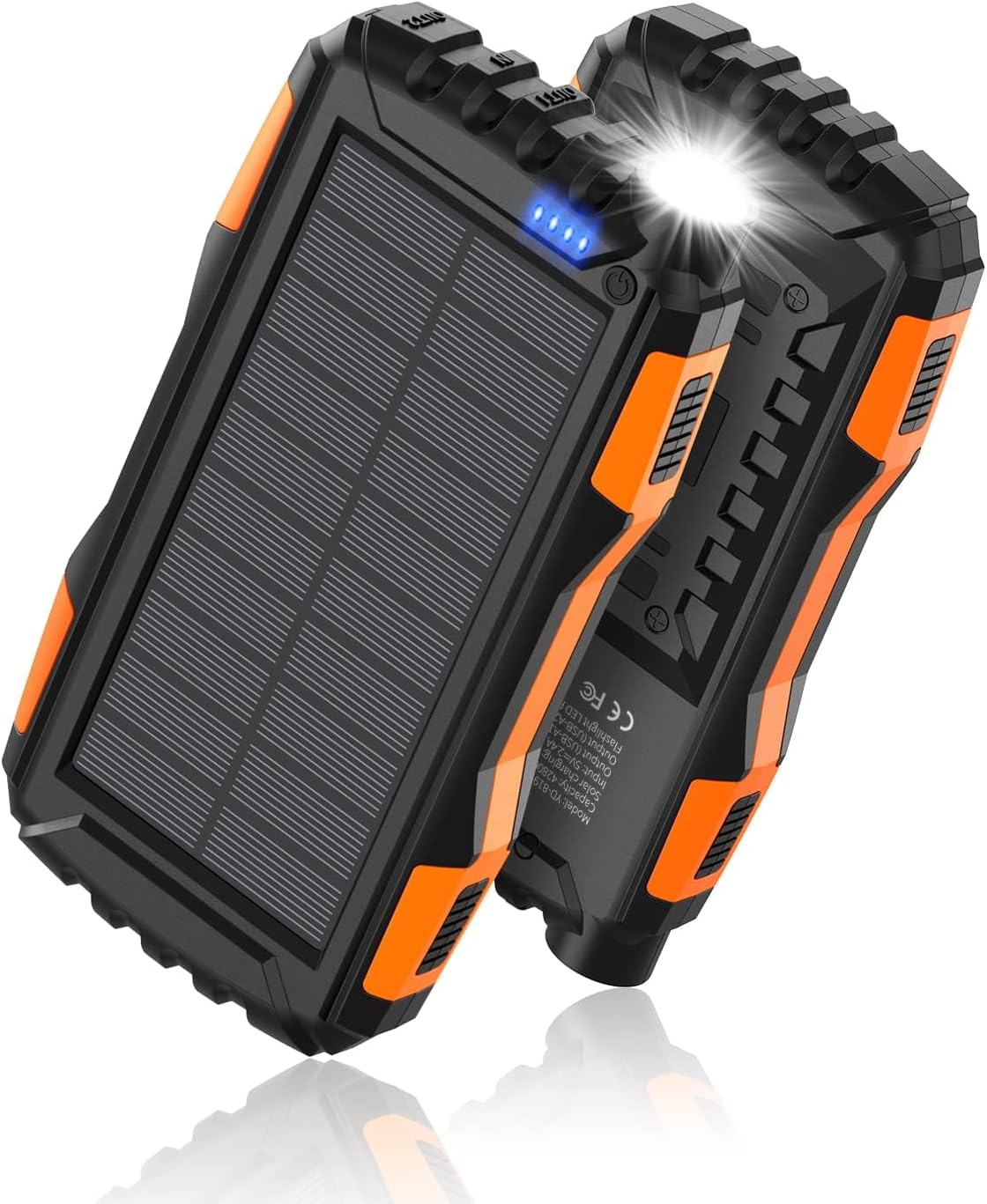 Mregb high-capacity solar power bank shown from the front with its solar panel and LED flashlight