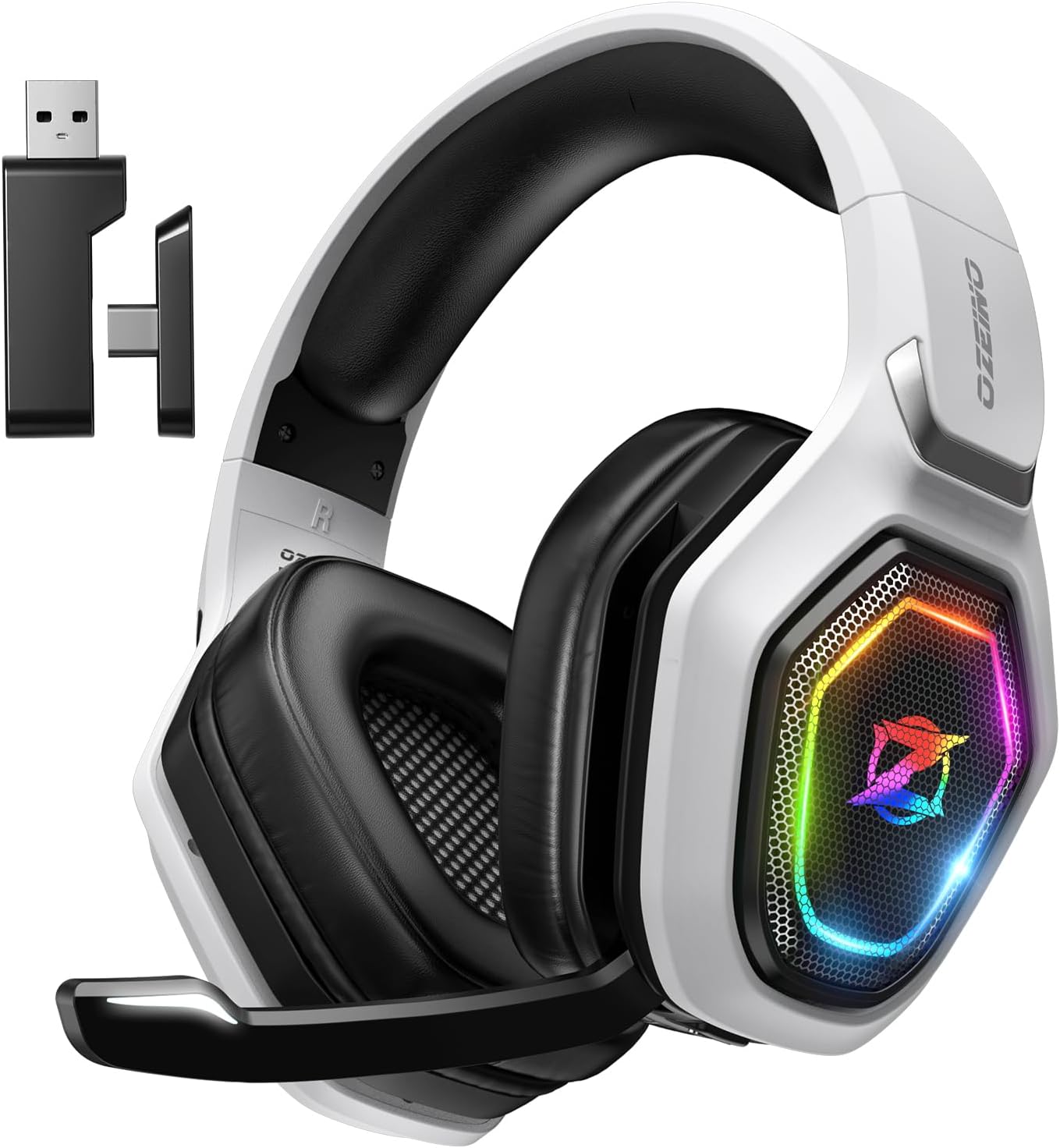 Ozeino wireless gaming headset in white with RGB earcups shown beside its 2.4GHz USB dongle