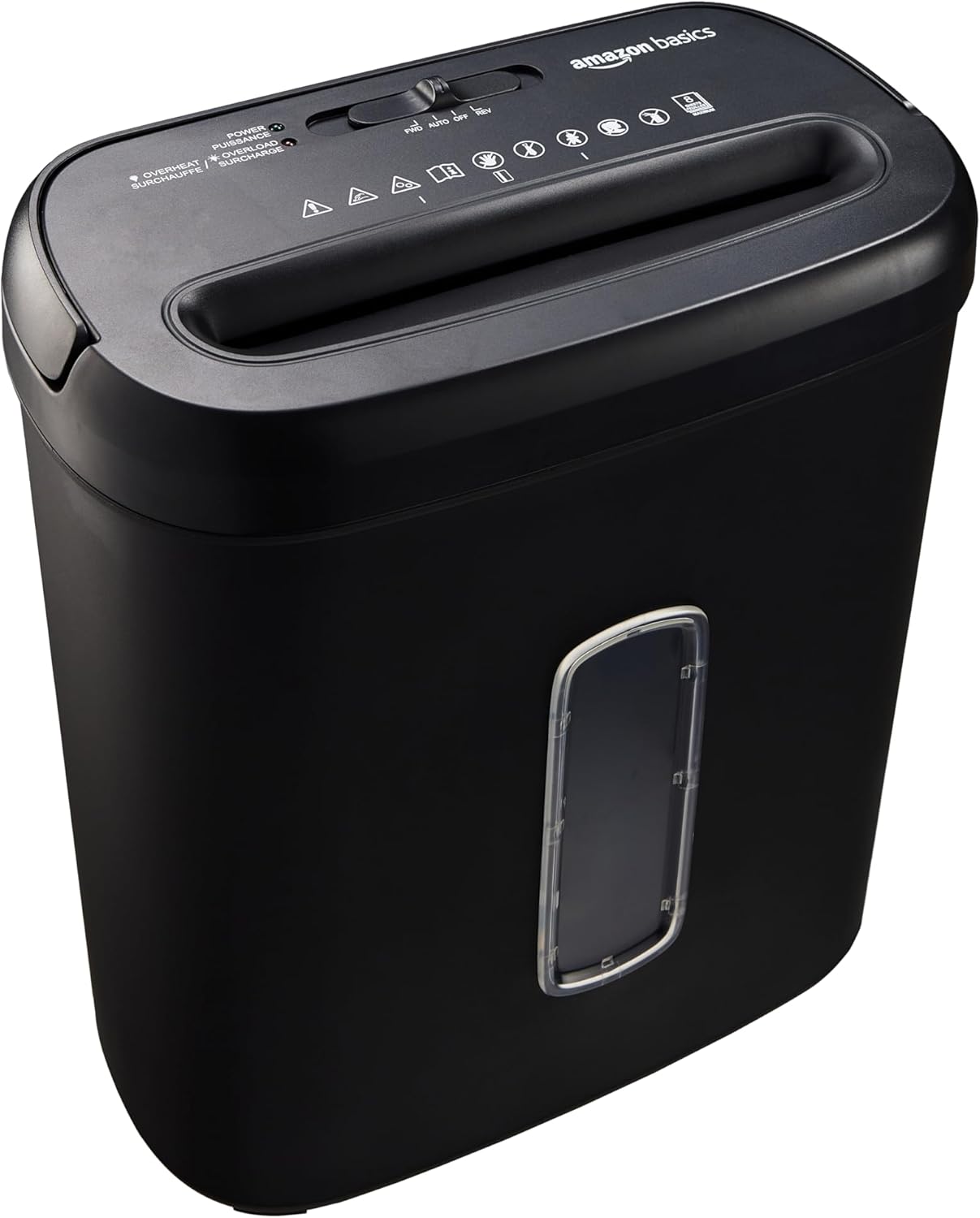 Amazon Basics 8-sheet high security cross-cut paper shredder with a clear bin window on a white background