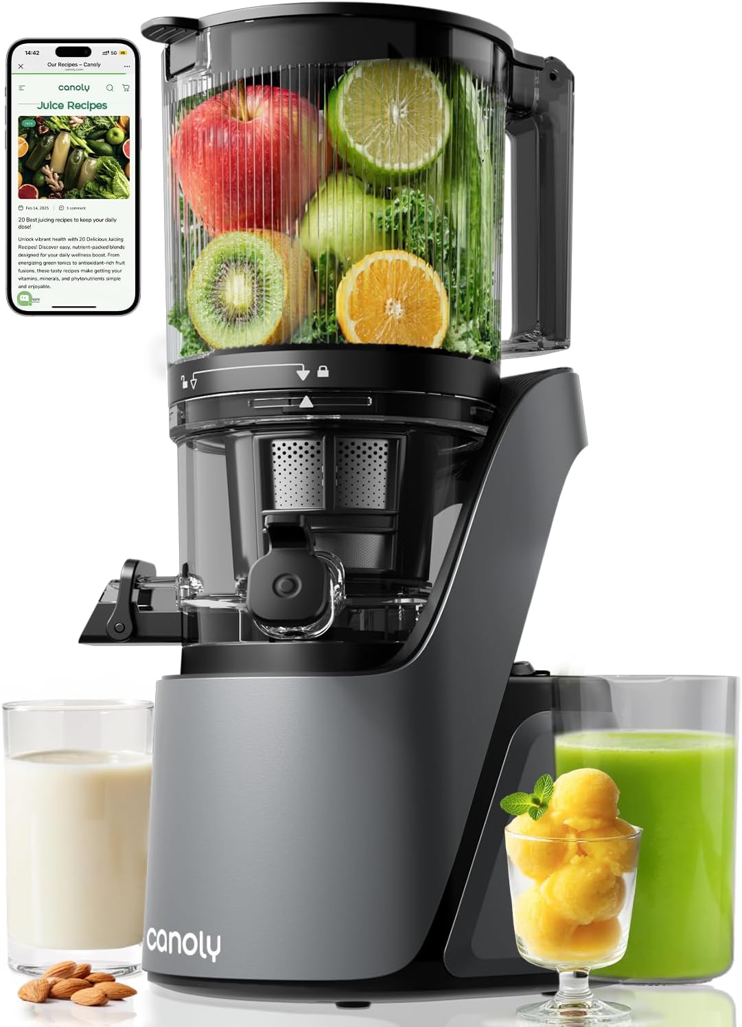 Canoly C16 cold press juicer with glasses of juice, sorbet, and nut milk