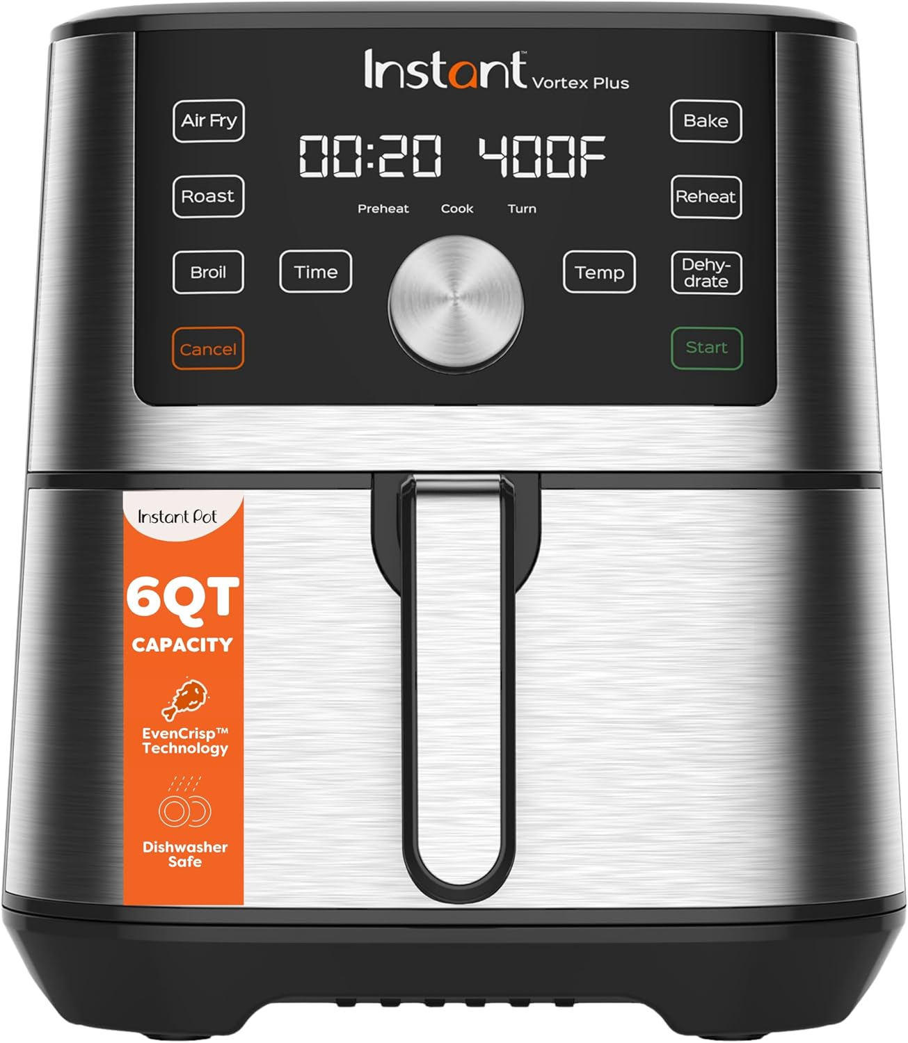 Instant Pot Vortex Plus air fryer showing its preset control panel and basket