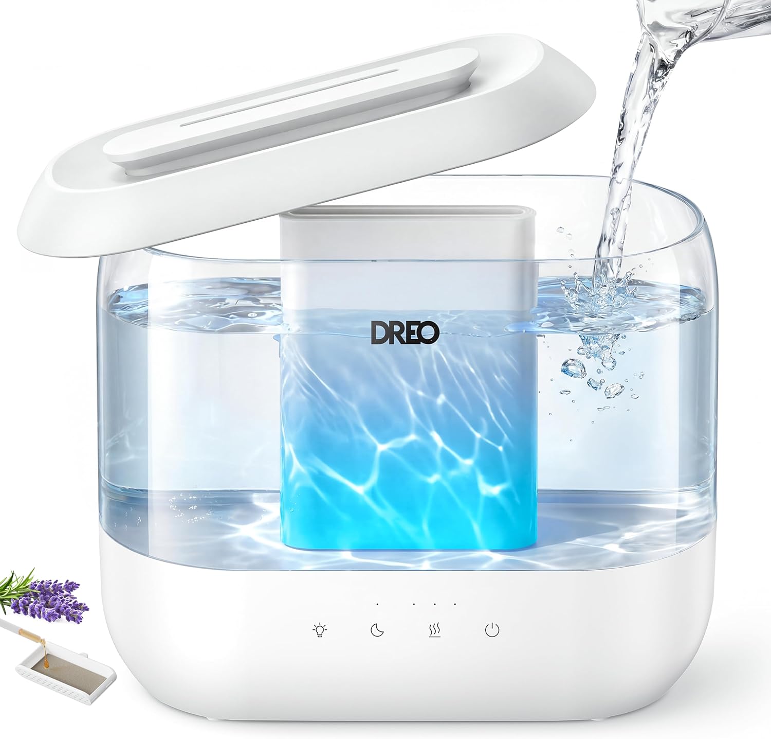 Water being poured into the top-fill tank of a DREO cool mist humidifier for easy cleaning and refilling
