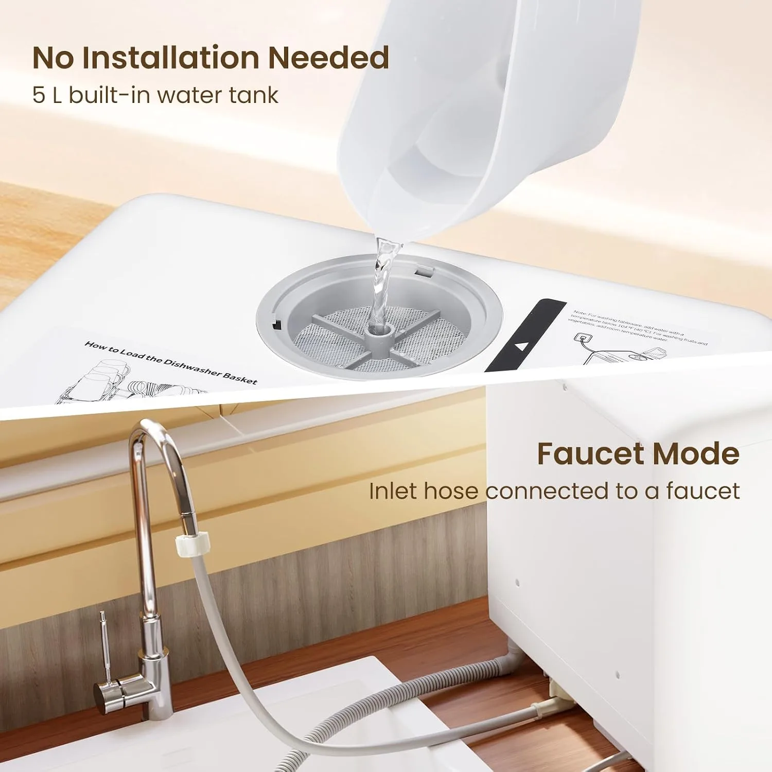 HAVA dishwasher showing built-in water tank fill and faucet hookup options