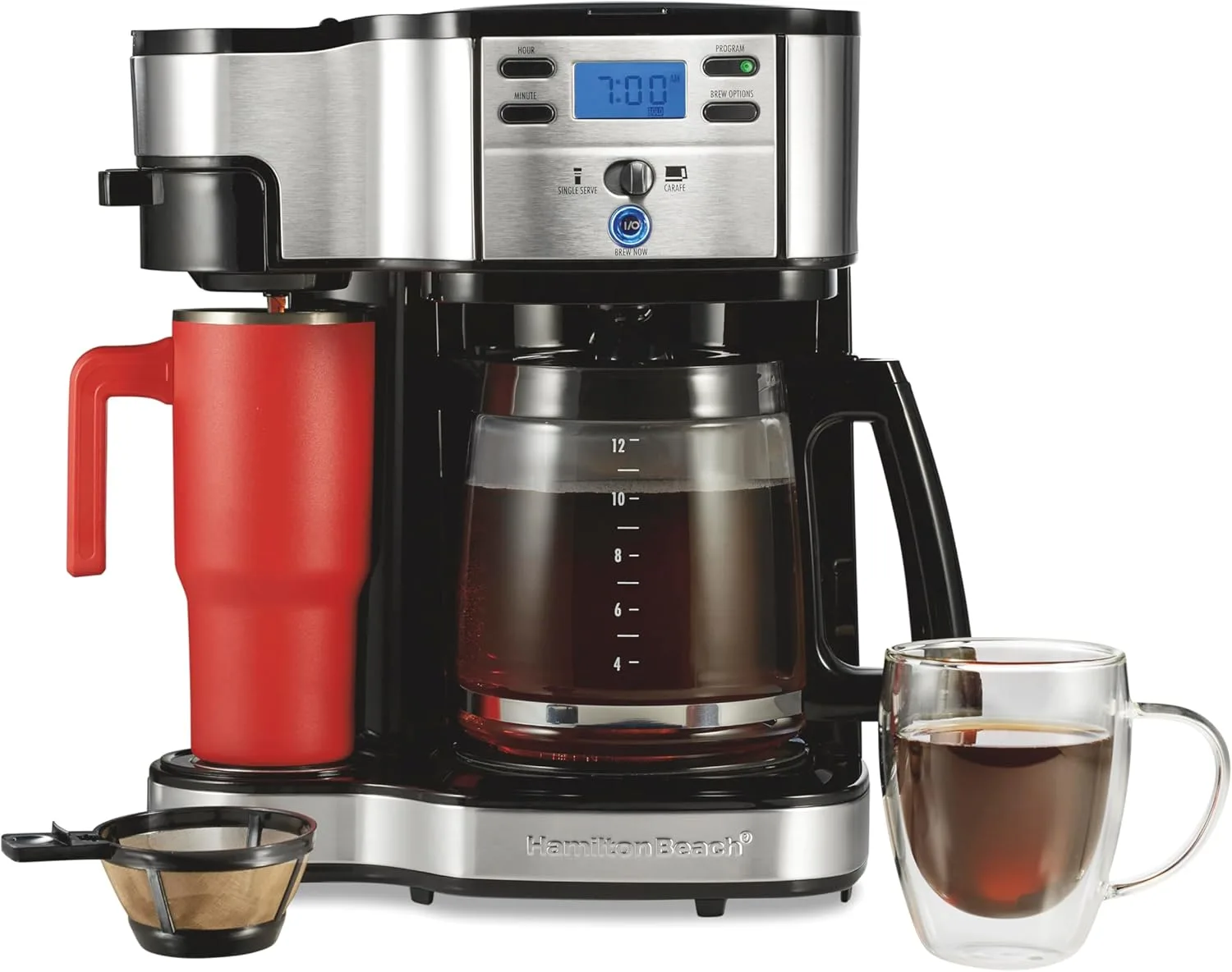 Hamilton Beach 2-Way coffee maker with a 12-cup glass carafe and a travel mug