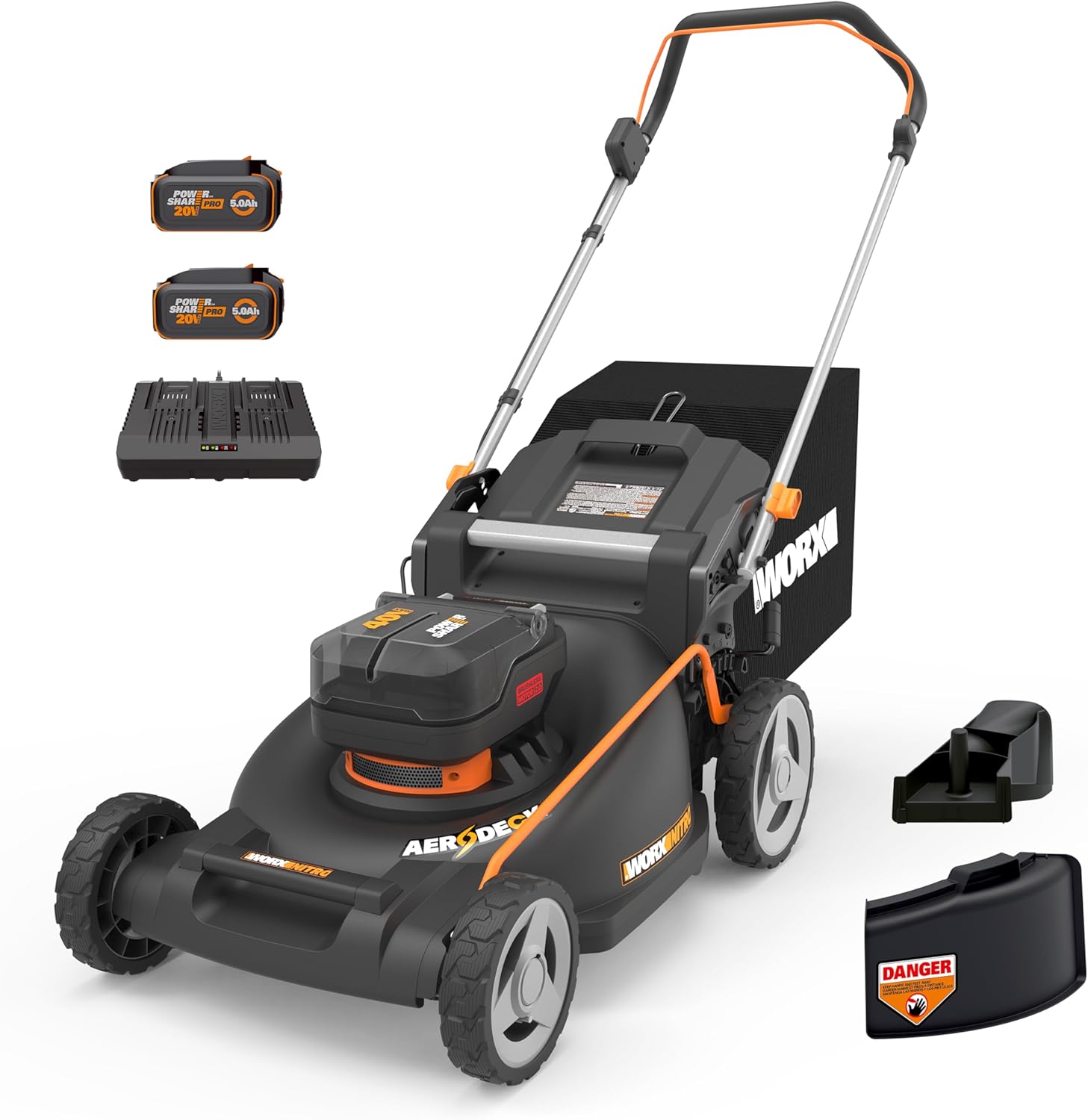 WORX Nitro 21-inch cordless lawn mower shown with two 20V batteries and a dual-port charger on a white background