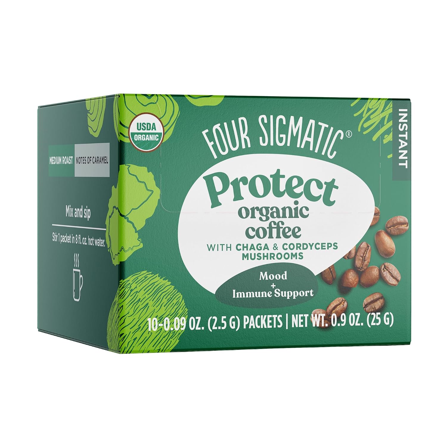 Four Sigmatic organic instant mushroom coffee box with roasted coffee beans