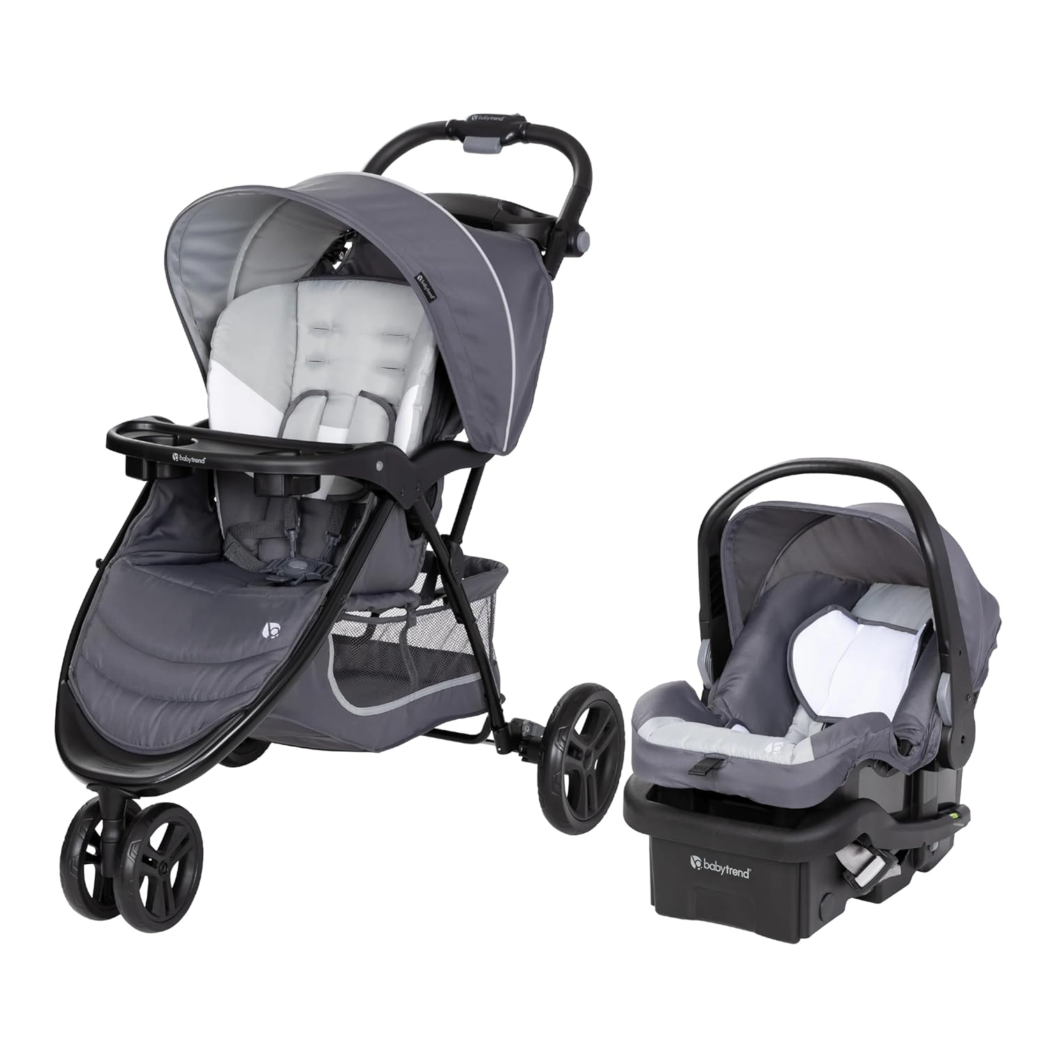 Baby Trend EZ Ride stroller frame beside its matching EZ-Lift infant car seat