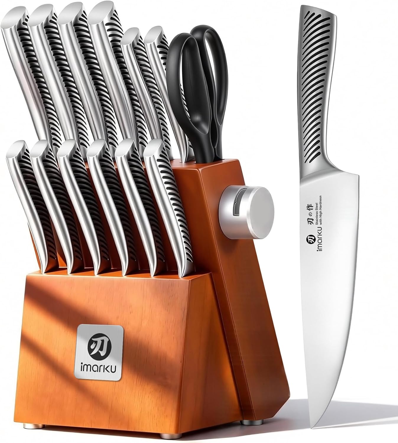 imarku Japanese stainless steel knife set standing in a wooden storage block on a white background