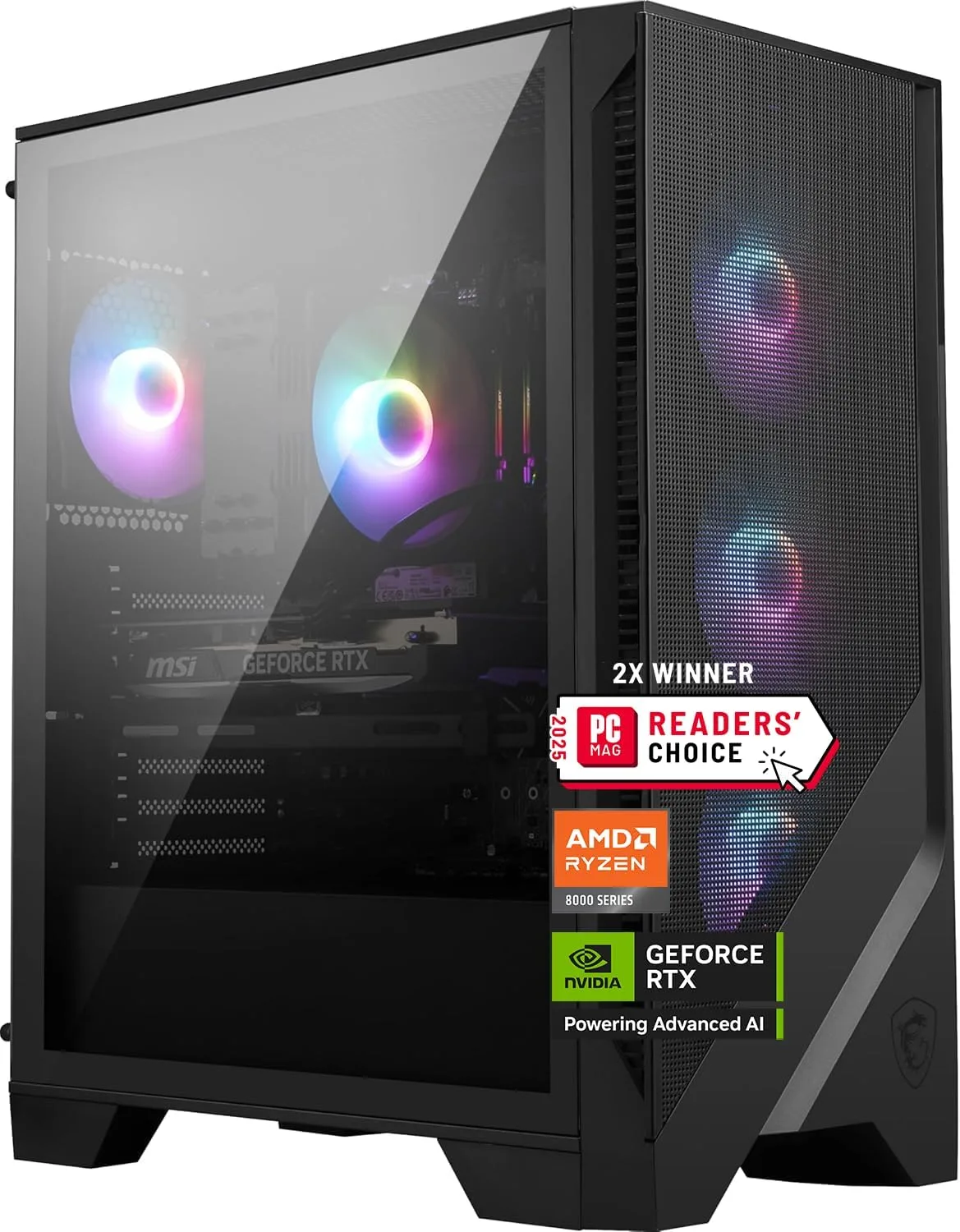 MSI Codex Z2 black gaming desktop tower with RGB cooling fans behind a glass side panel