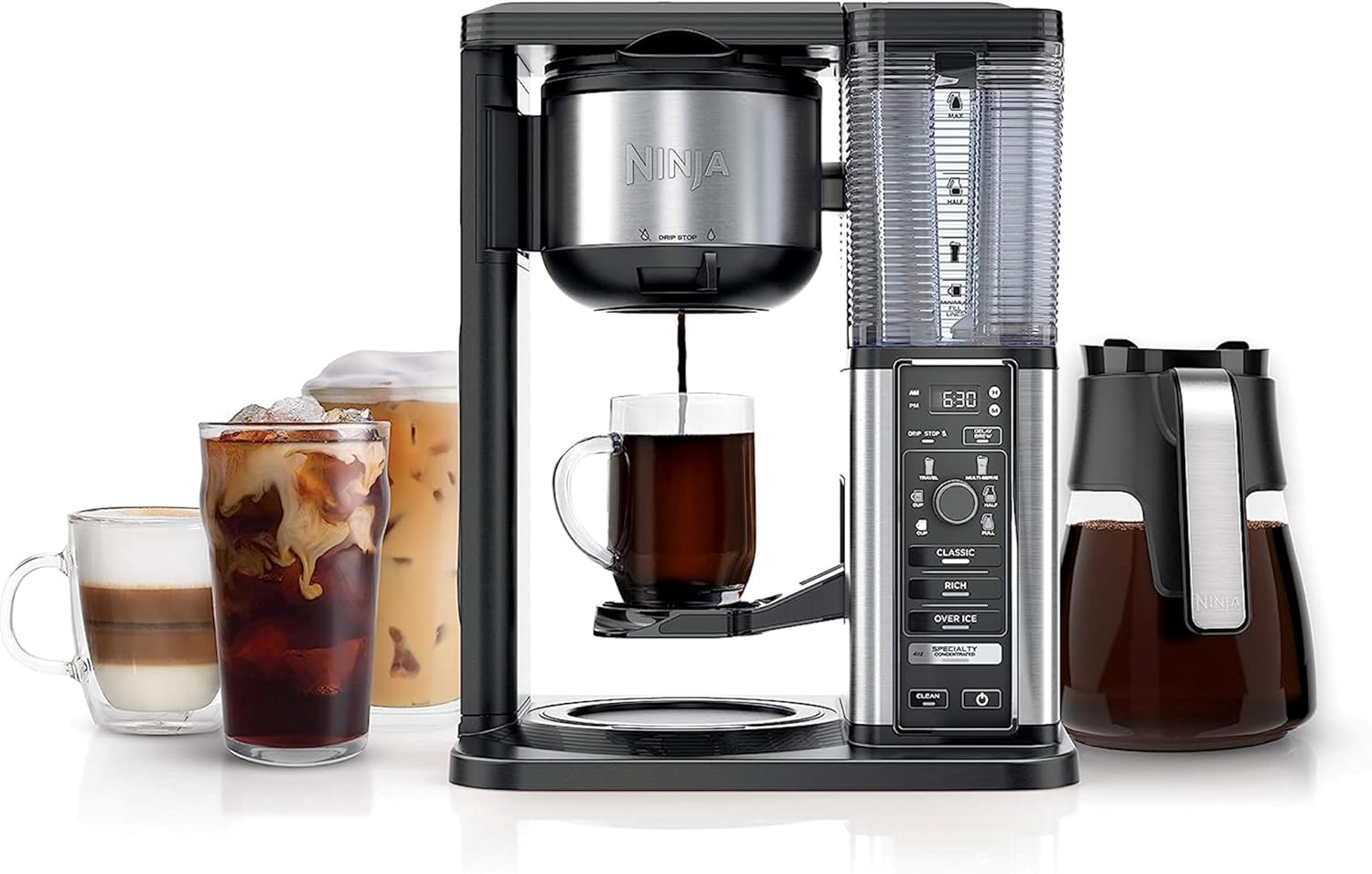 Ninja Specialty coffee maker beside a variety of hot and iced coffee drinks