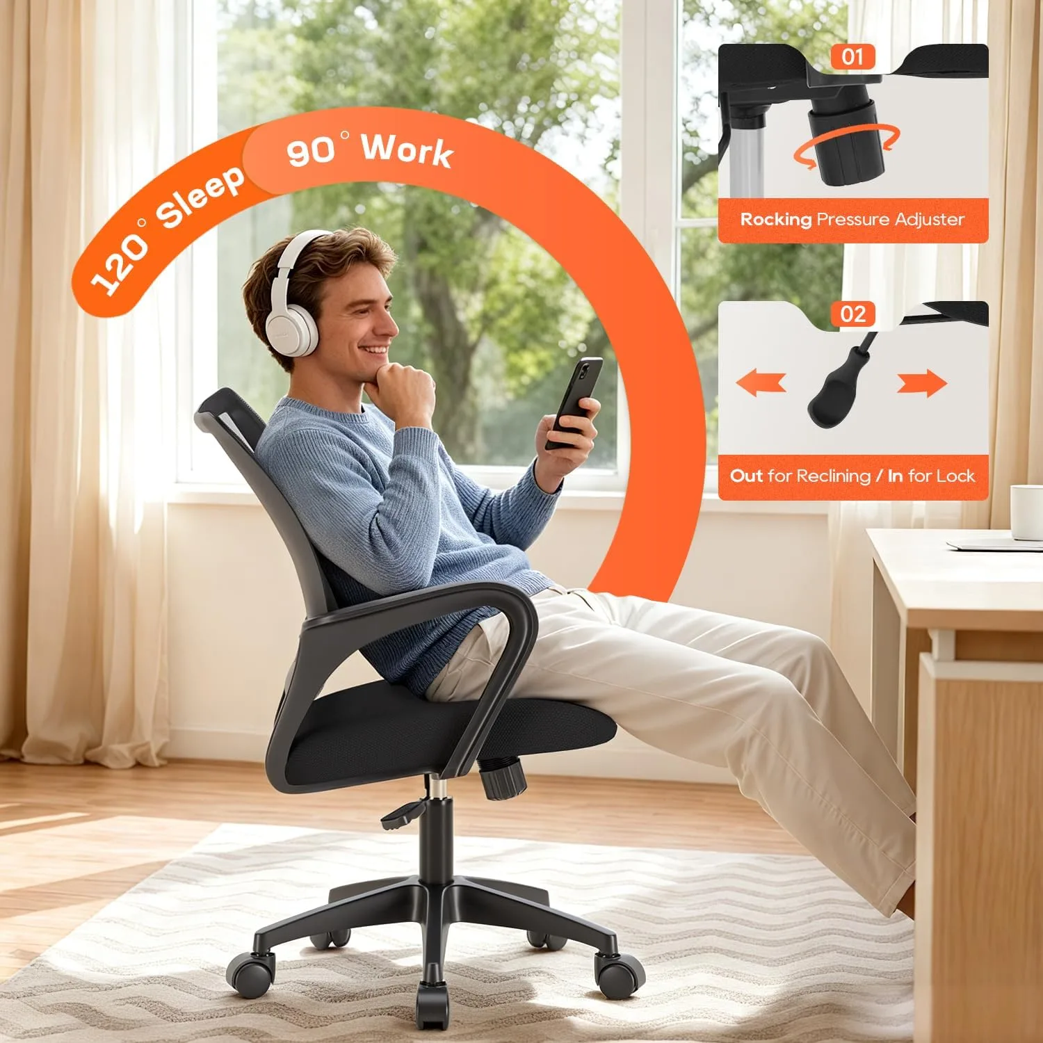 Person reclining in a BestOffice mesh office chair beside a sunlit window