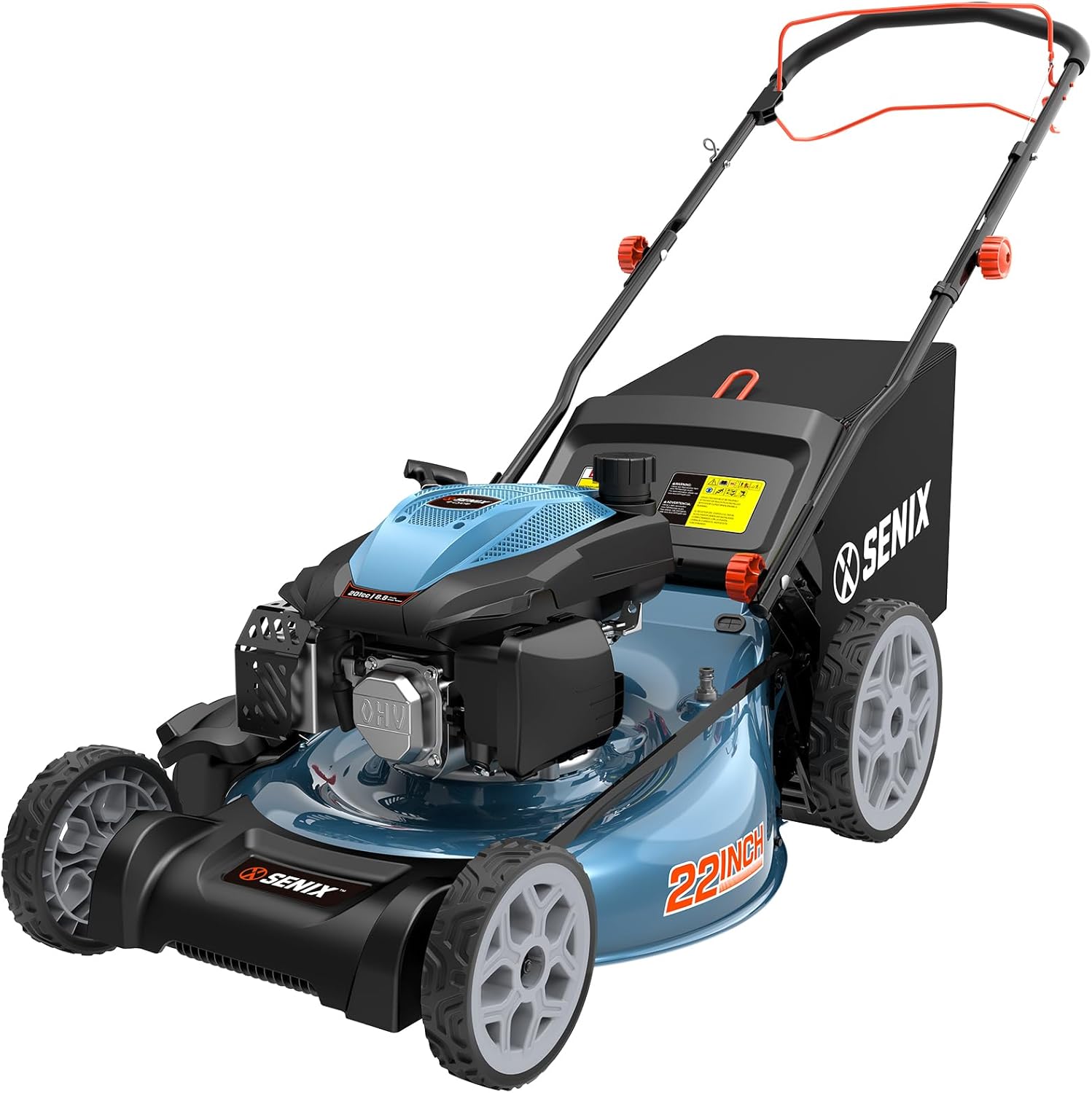 SENIX 22-inch self-propelled gas lawn mower with a blue steel deck and rear collection bag