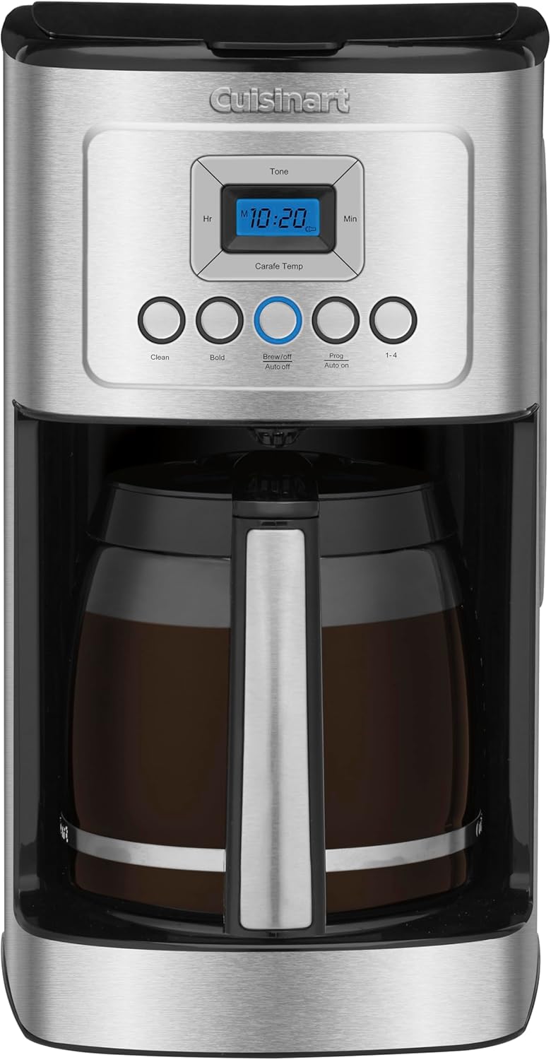 Cuisinart 14-cup programmable coffee maker with a glass carafe and stainless steel body