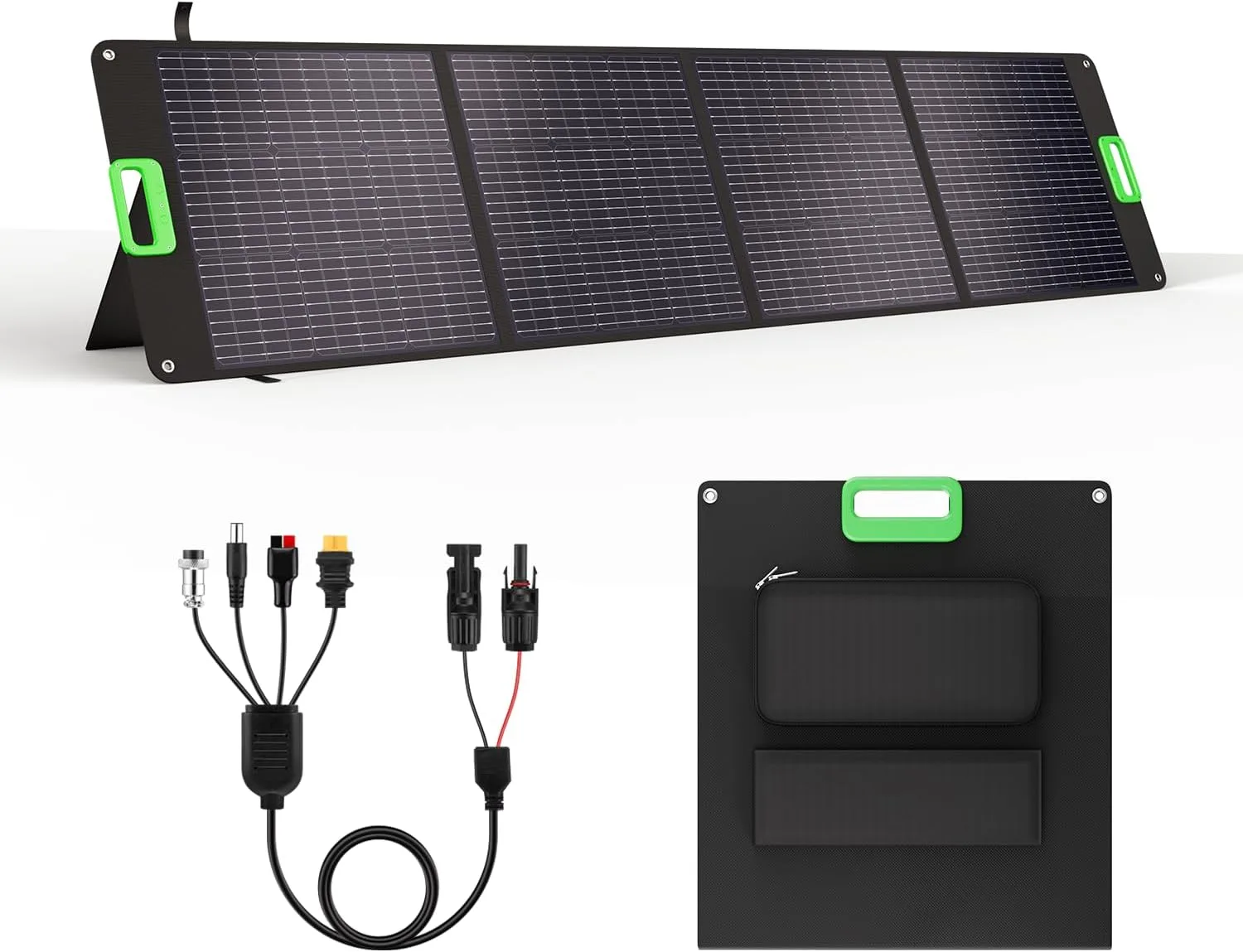GRECELL 200W portable solar panel with its multi-connector output cable and folded case