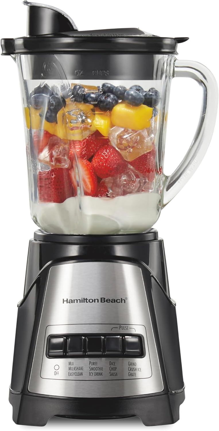 Hamilton Beach Power Elite blender with a glass jar filled with layered fresh fruit