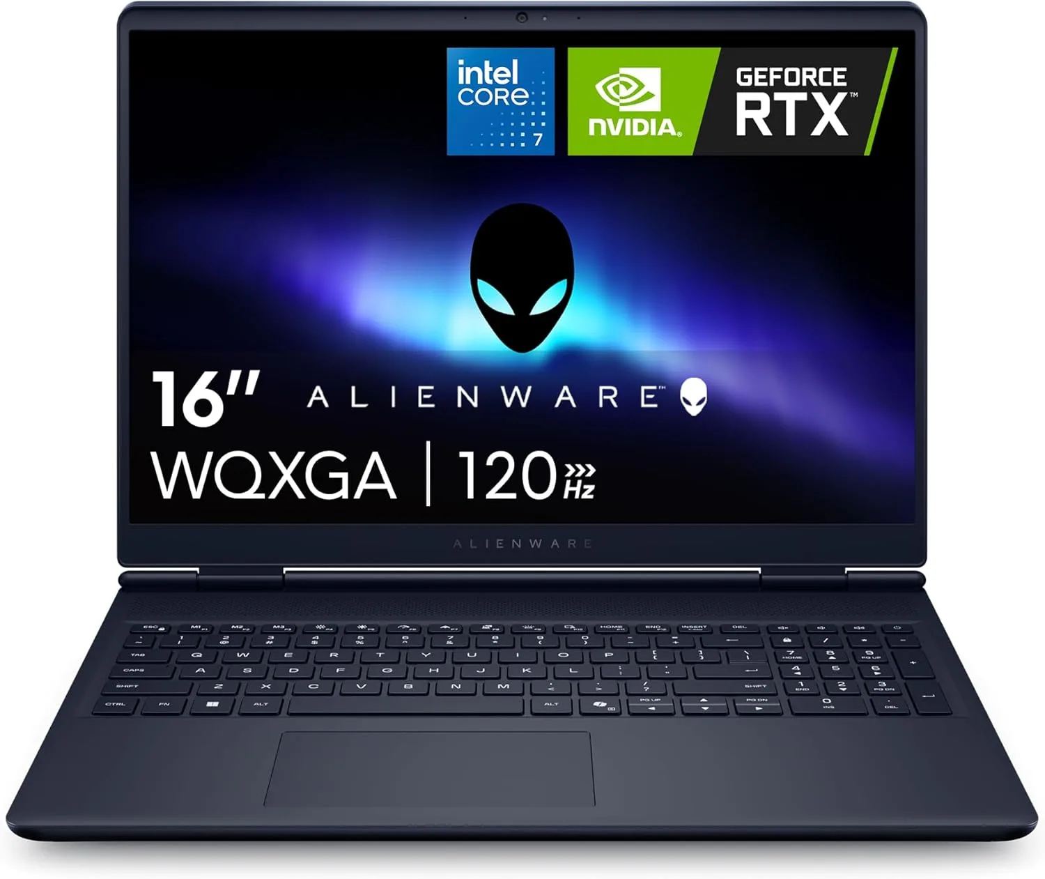 Alienware 16 Aurora gaming laptop open, showing its 16 inch WQXGA display