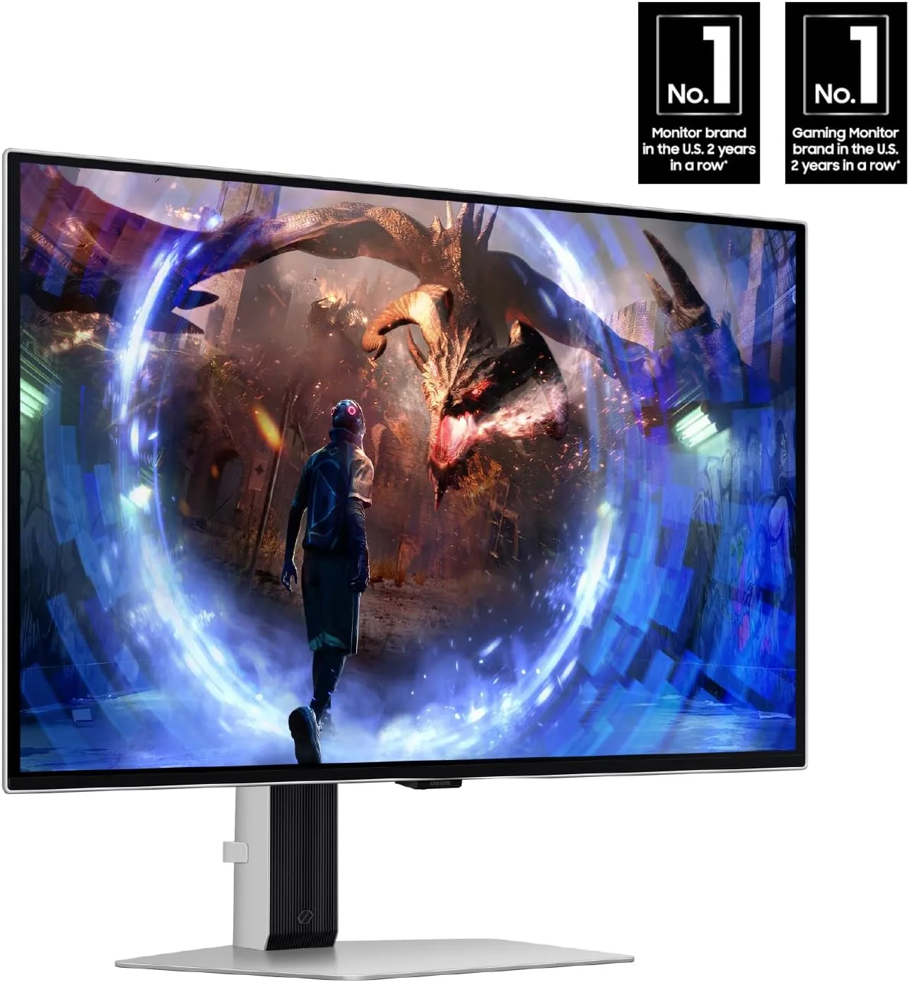 Samsung Odyssey OLED G6 27 inch QD-OLED gaming monitor on its stand displaying a colorful game scene