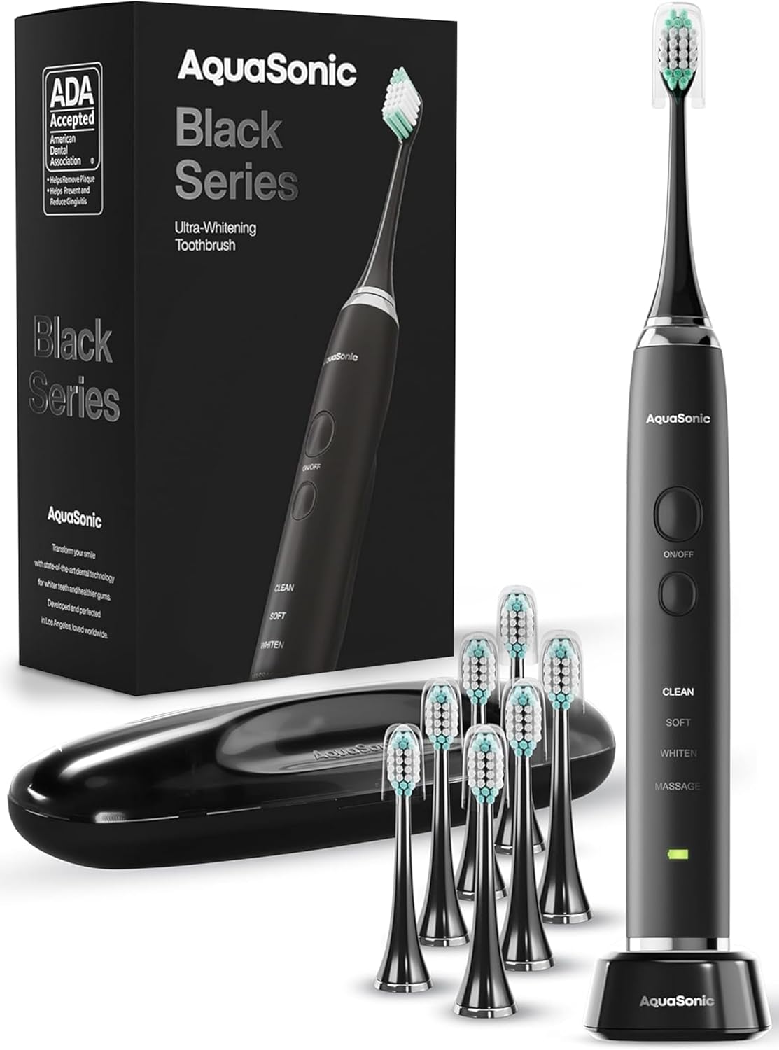 Aquasonic Black Series electric toothbrush with eight replacement brush heads and charging base