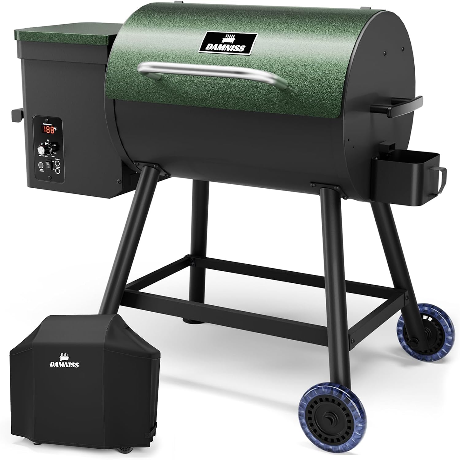 A green DAMNISS wood pellet grill and smoker with a side shelf and cart on a white background