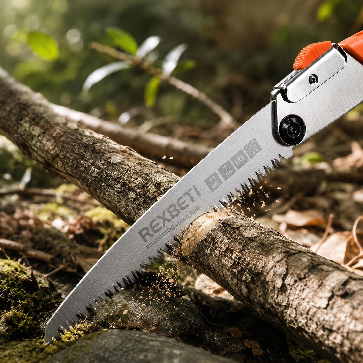 REXBETI folding pruning saw resting on freshly cut logs in a forest