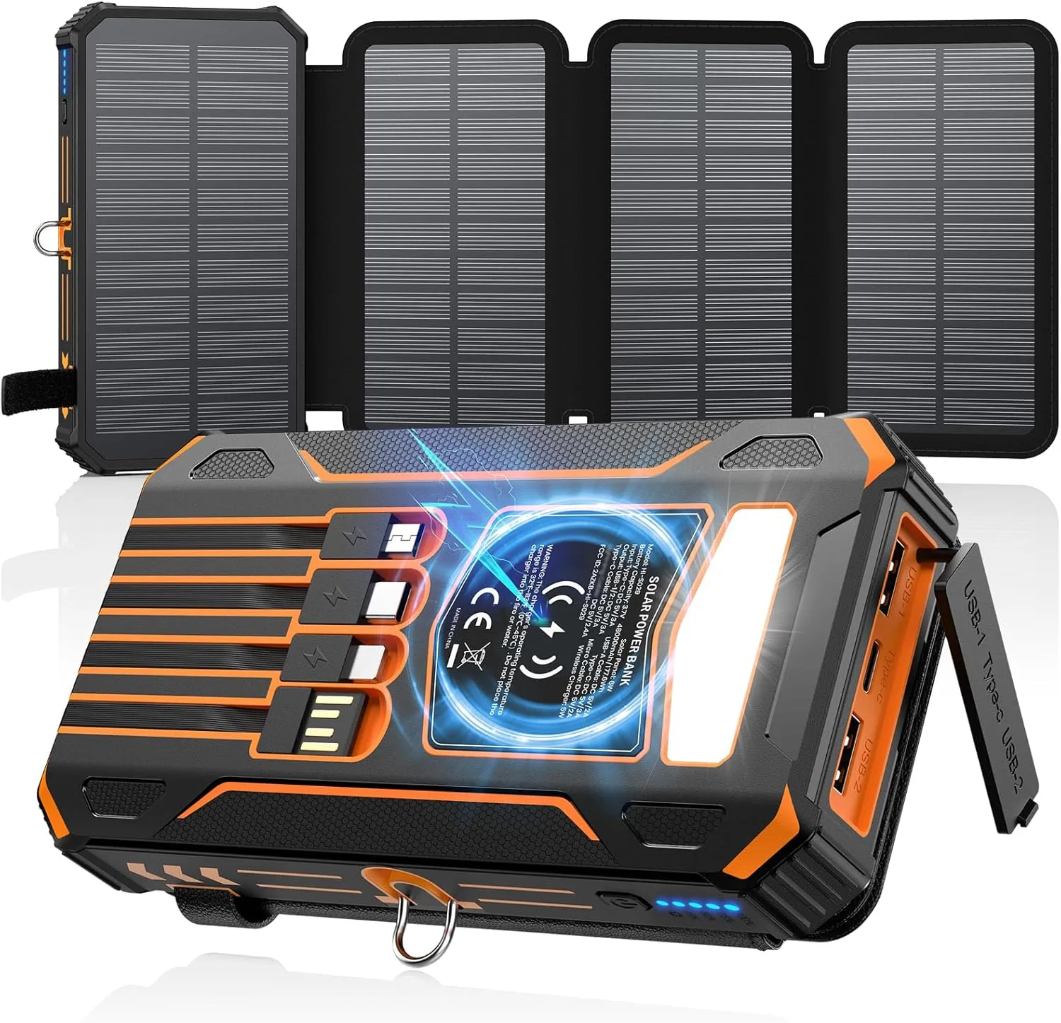 SOARAISE solar power bank with four foldable solar panels spread open beside the battery pack