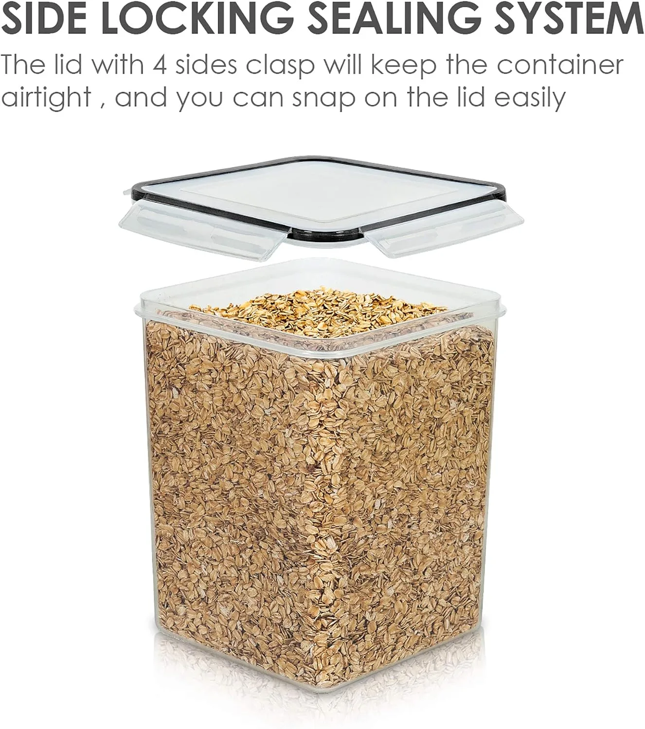 Vtopmart airtight canister with the four-side locking lid lifted off, showing a container full of rolled oats
