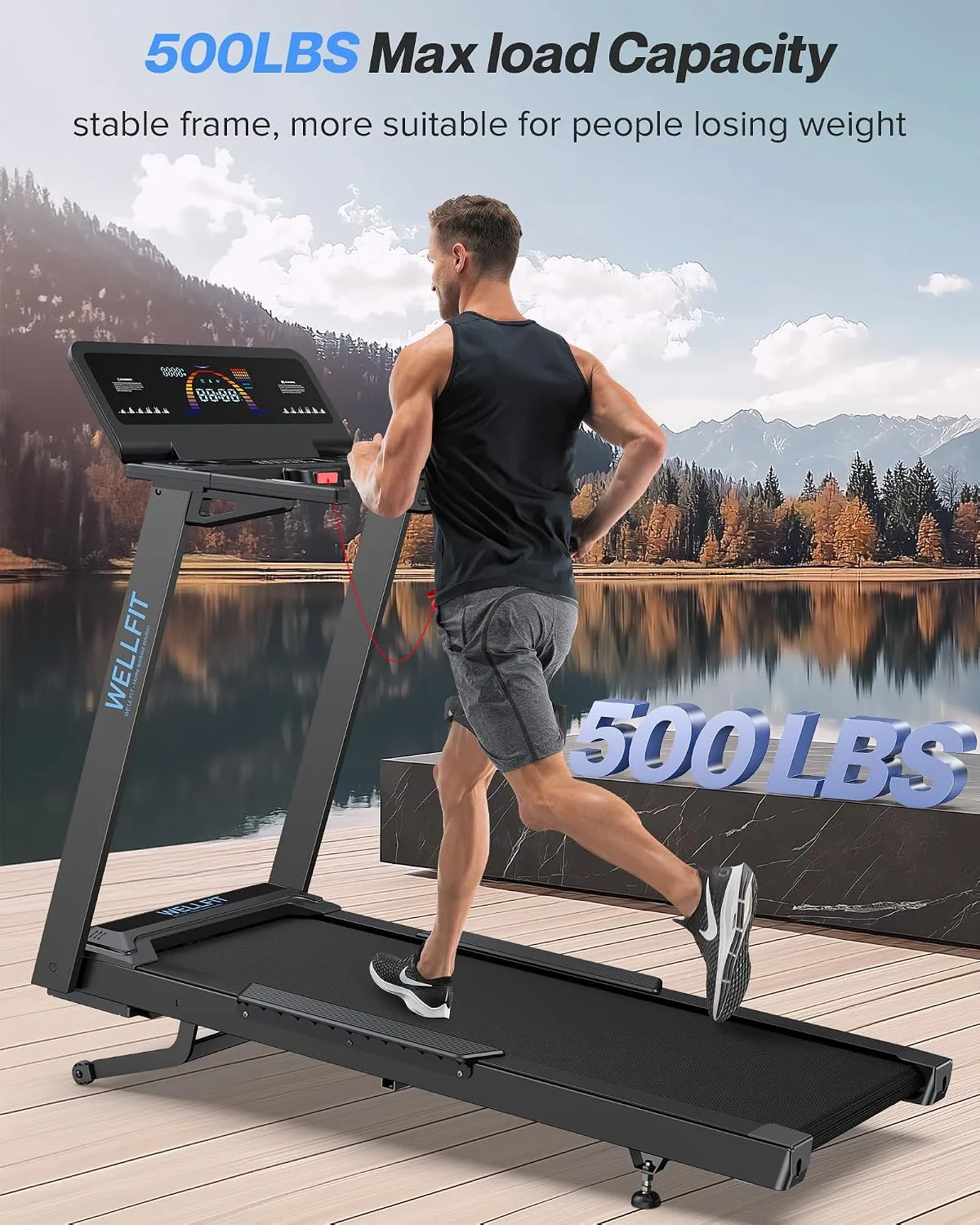 Man running on a heavy duty WELLFIT treadmill rated for a 500 pound load capacity
