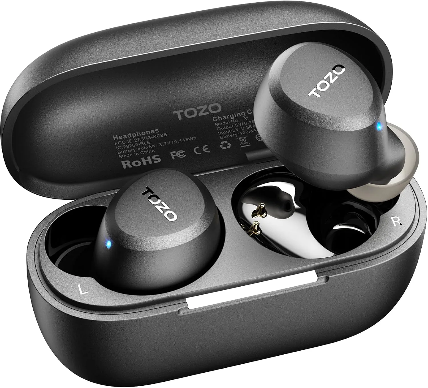 Black TOZO A1 true wireless earbuds resting beside their charging case