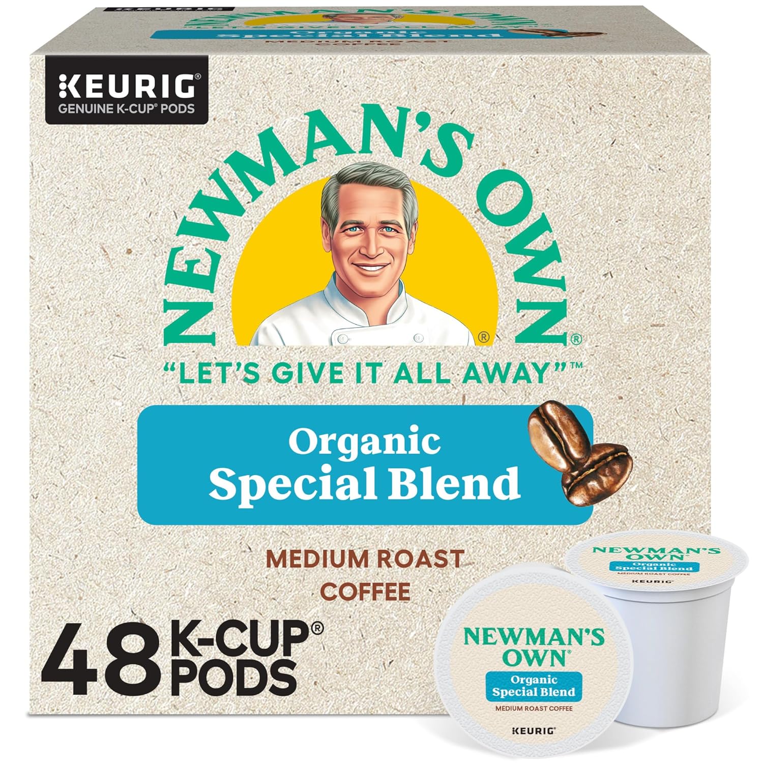 Newmans Own Organics Special Blend medium roast K-Cup pods box with single pod