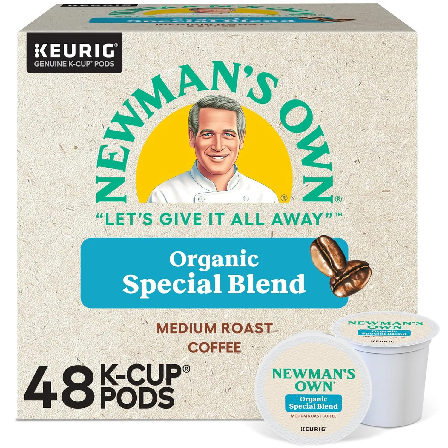 Newmans Own Organics Special Blend medium roast K-Cup pods box with single pod