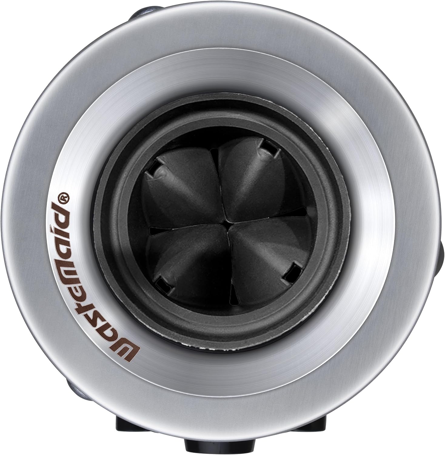 Close-up of the stainless steel grinding chamber and impellers inside a Waste Maid garbage disposal