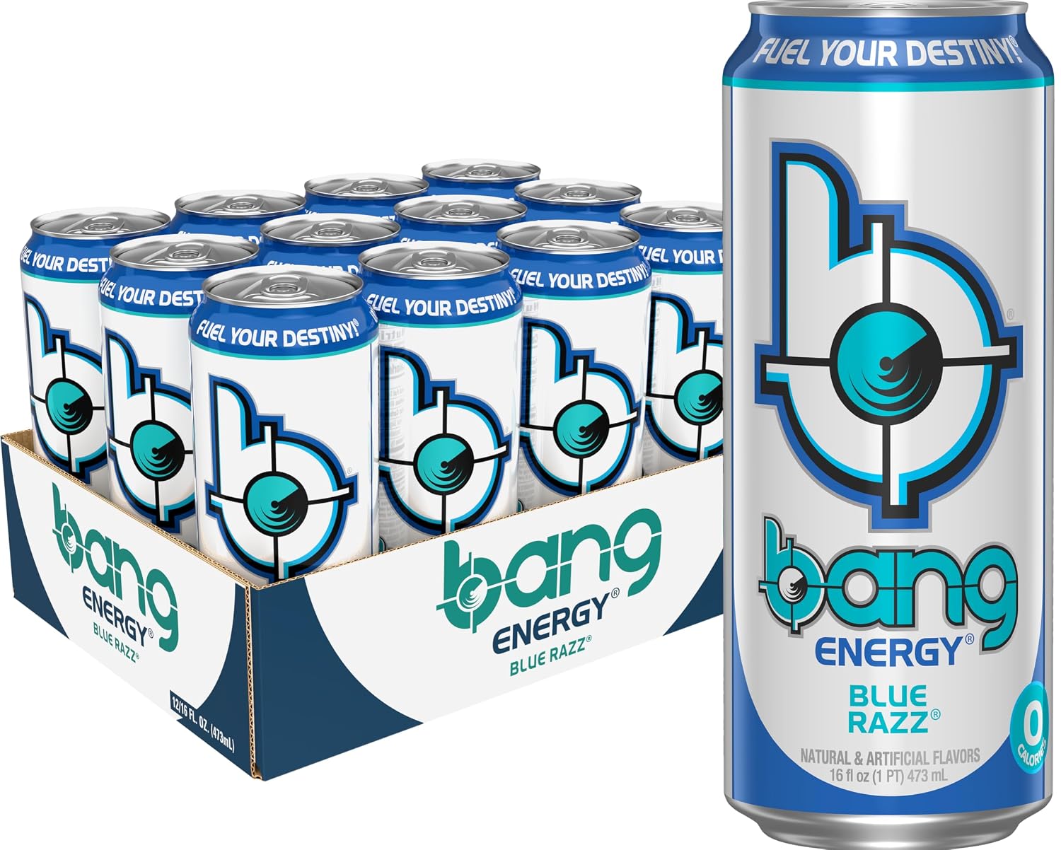 Bang Energy Blue Razz sugar-free cans with a 12-pack case
