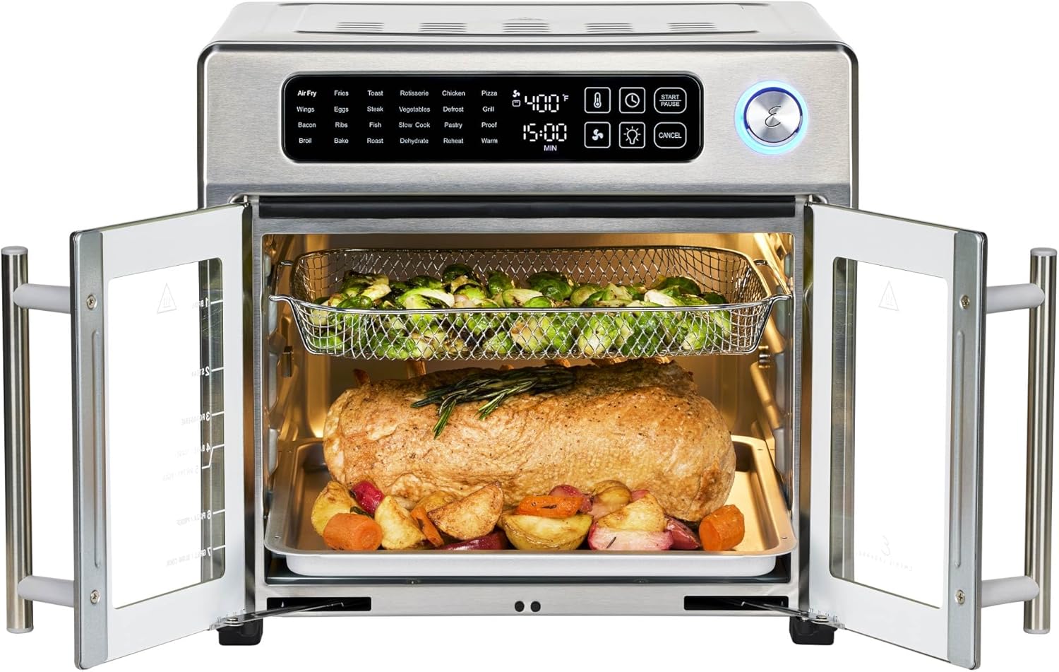 Emeril Lagasse French door air fryer with doors open showing roasted food inside