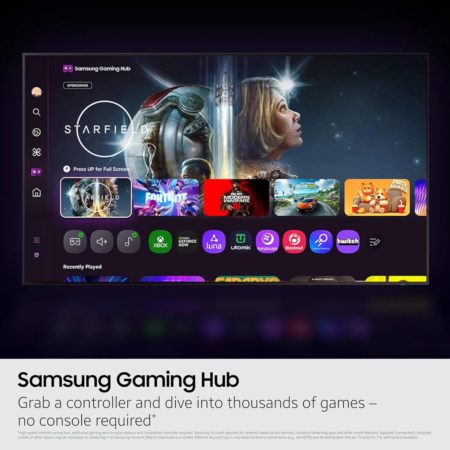 Samsung OLED TV showing the Samsung Gaming Hub interface with game artwork