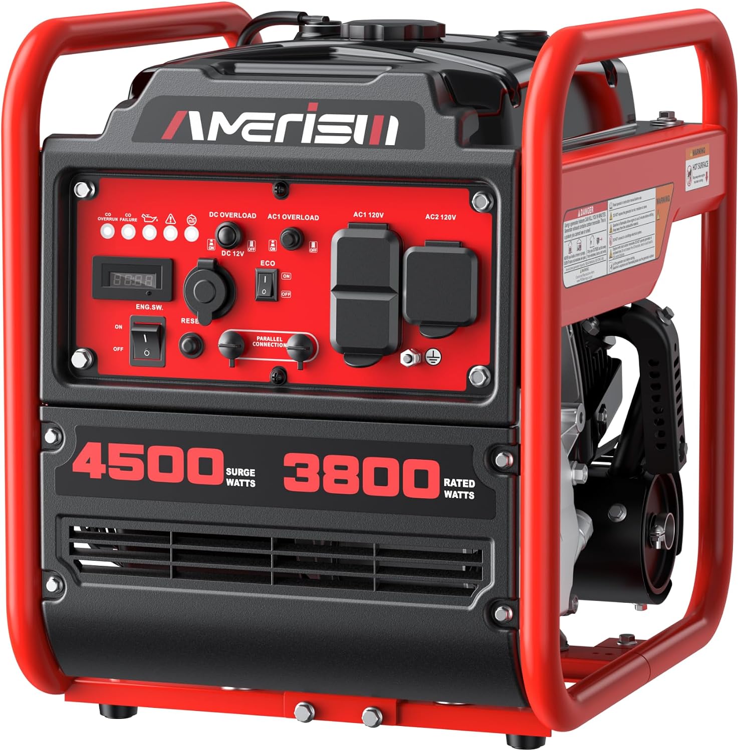 Red AMERISUN open frame inverter generator showing its exposed engine and 4500 peak watt rating