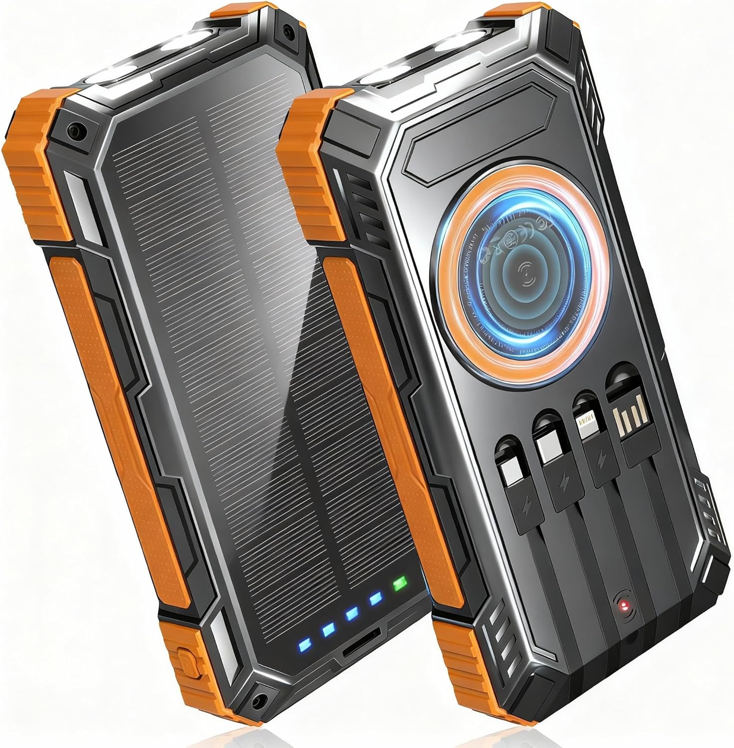 BLASOUL solar power bank showing four built-in charging cables and a wireless charging pad