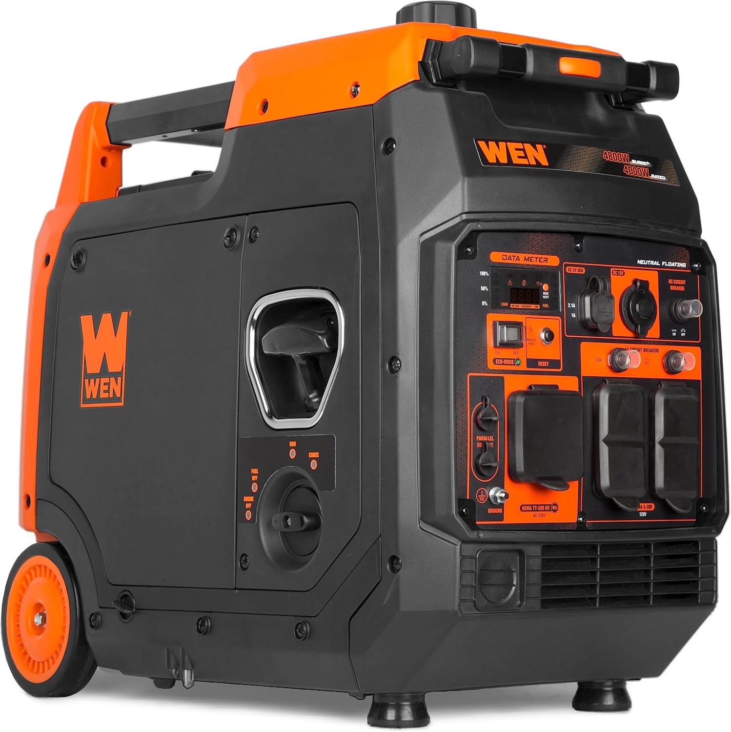 Black and orange WEN inverter generator with never flat wheels and a fold down carry handle