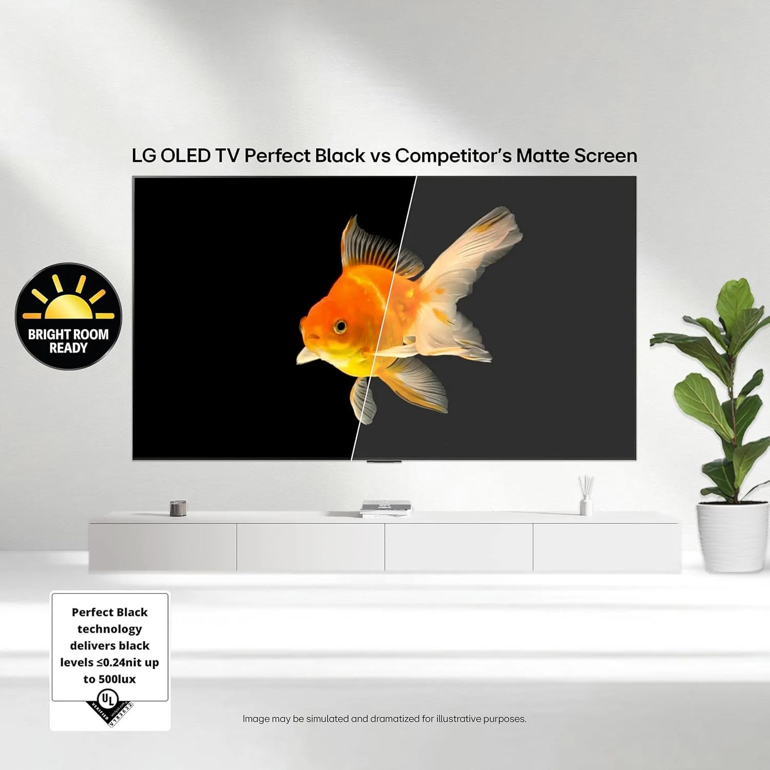 LG OLED TV mounted on a wall in a bright living room showing a goldfish on the screen