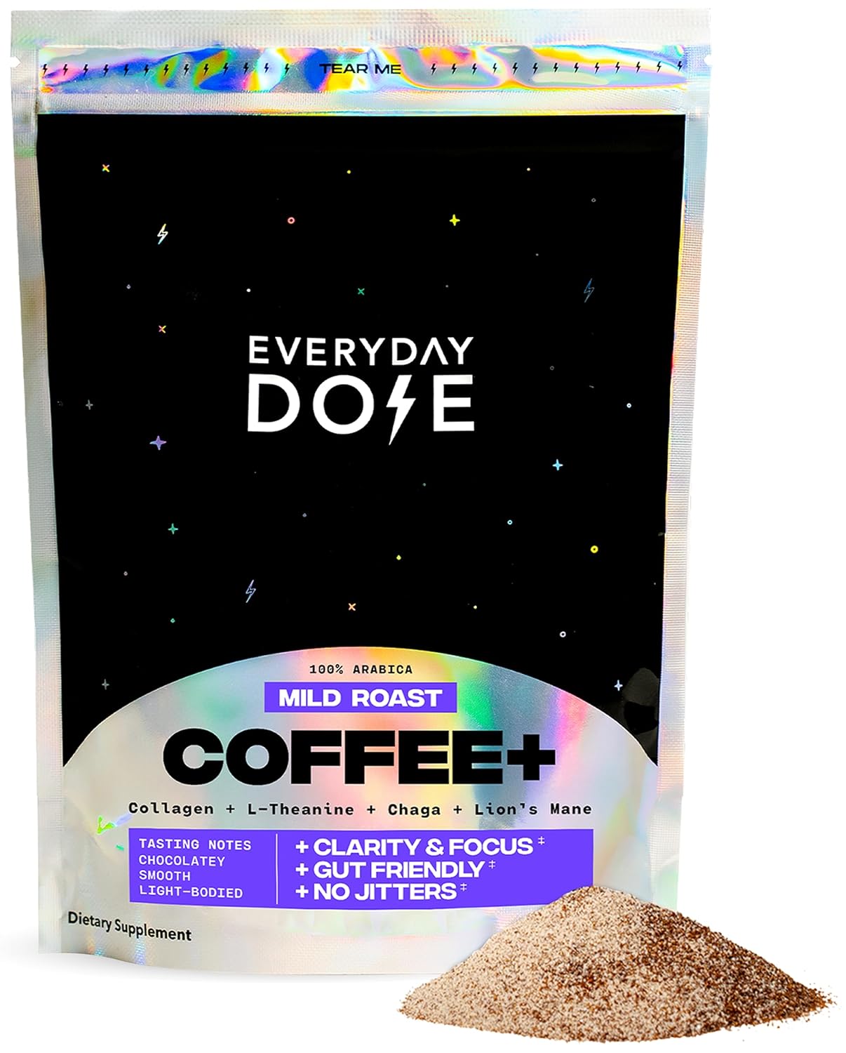 A pouch of Everyday Dose Coffee Plus mushroom coffee blended with collagen, Lion's Mane, and Chaga