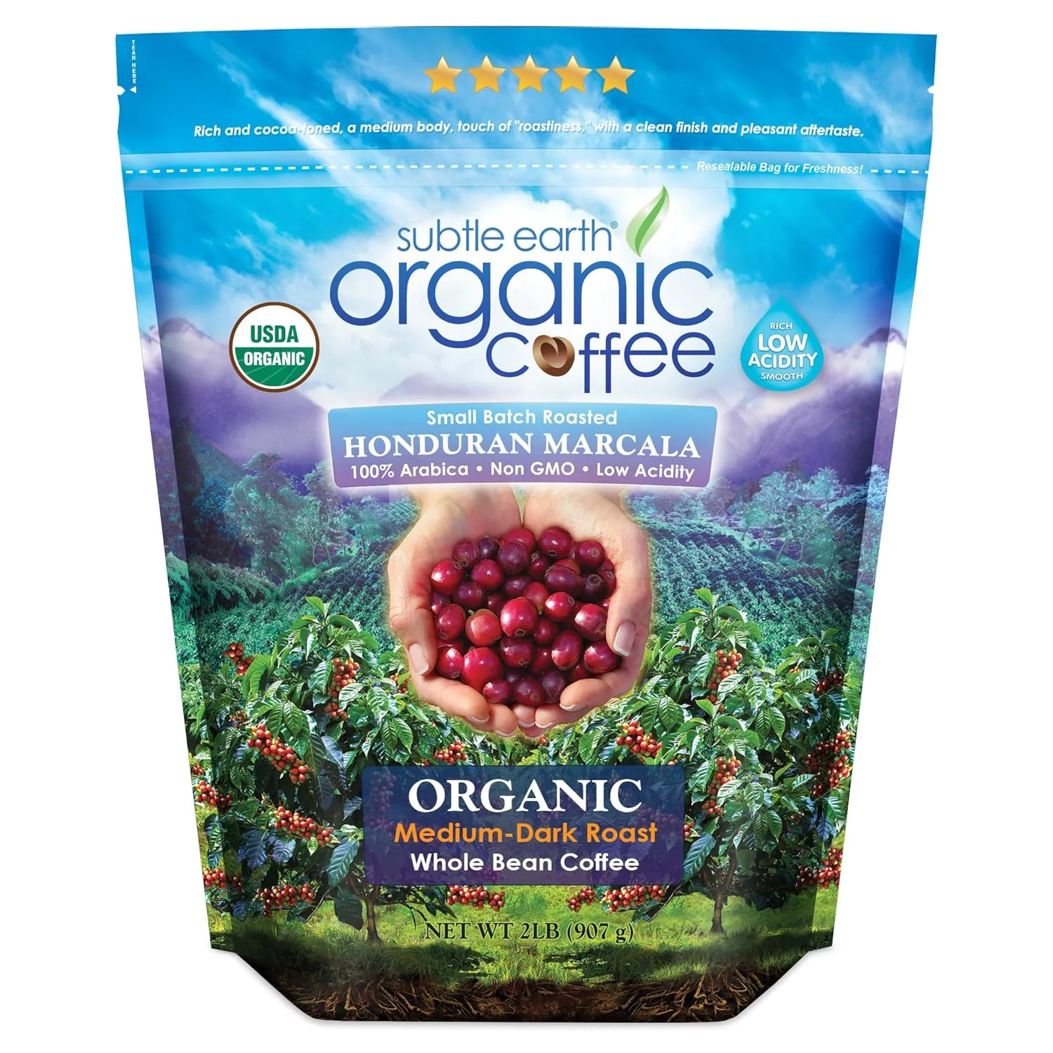 Subtle Earth organic medium-dark roast whole bean coffee two pound bag
