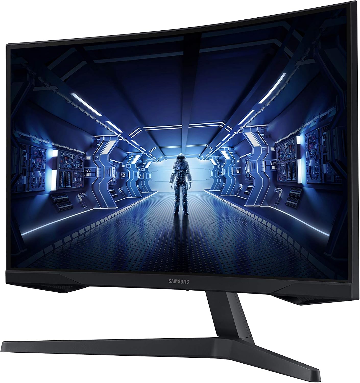 Samsung Odyssey G5 34-inch ultrawide curved gaming monitor showing a science fiction game scene