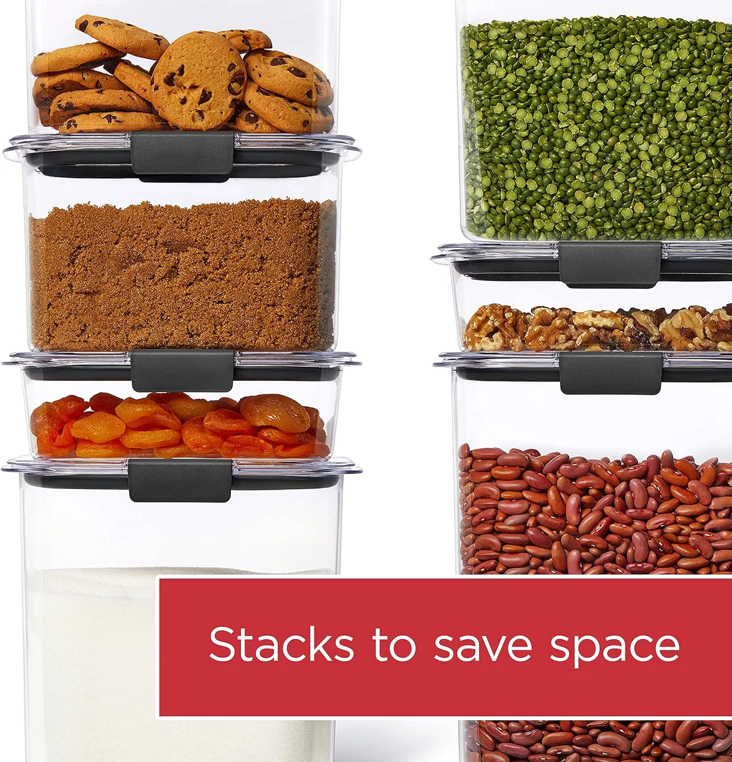 Stack of Rubbermaid Brilliance airtight containers filled with cookies, brown sugar, dried beans, and peas to show compact stacking