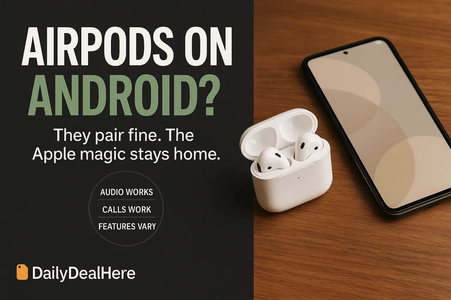 White wireless earbuds in an open case beside an Android smartphone on a desk